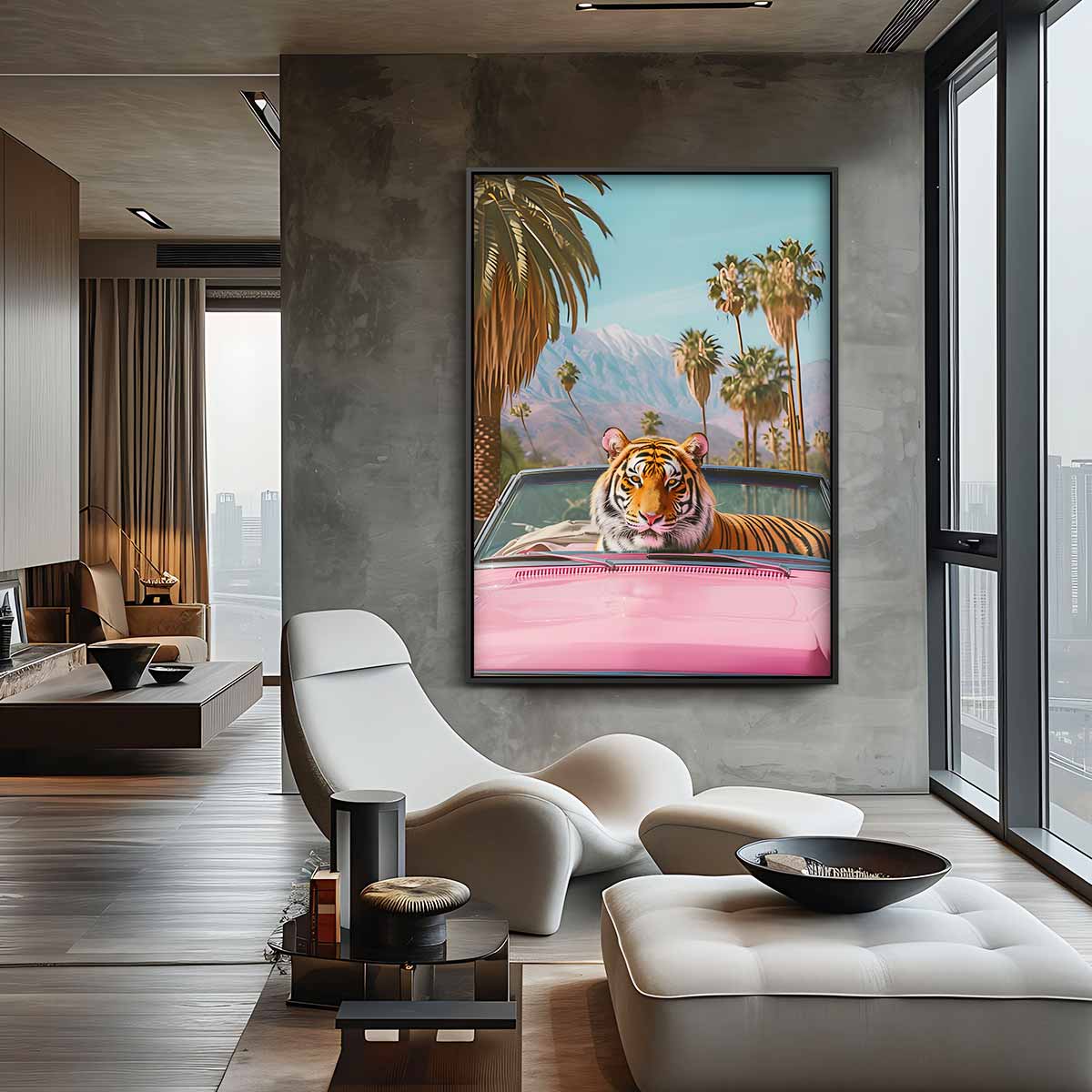 Tijger in de Roze Cabrio Kunstwerk-canvas-dibond-plexiglas-wanddecoratie-WallArtistic