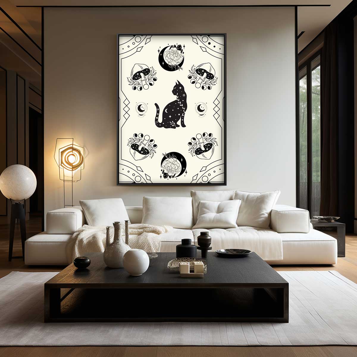 Mystieke Kat en Paddenstoelen Illustratie Kunstwerk-canvas-dibond-plexiglas-wanddecoratie-WallArtistic