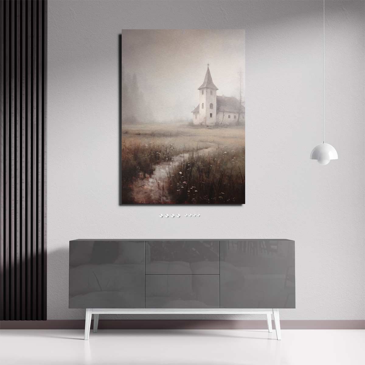 Mystieke Morgen aan de Kapel Kunstwerk-canvas-dibond-plexiglas-wanddecoratie-WallArtistic