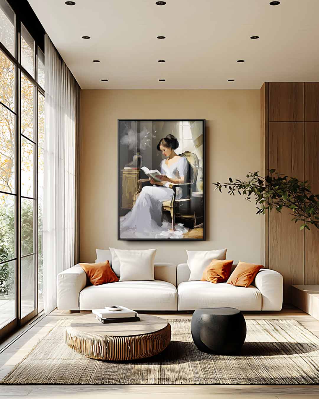 Vrouw Leest Boek aan het Raam Kunstwerk-canvas-dibond-plexiglas-wanddecoratie-WallArtistic