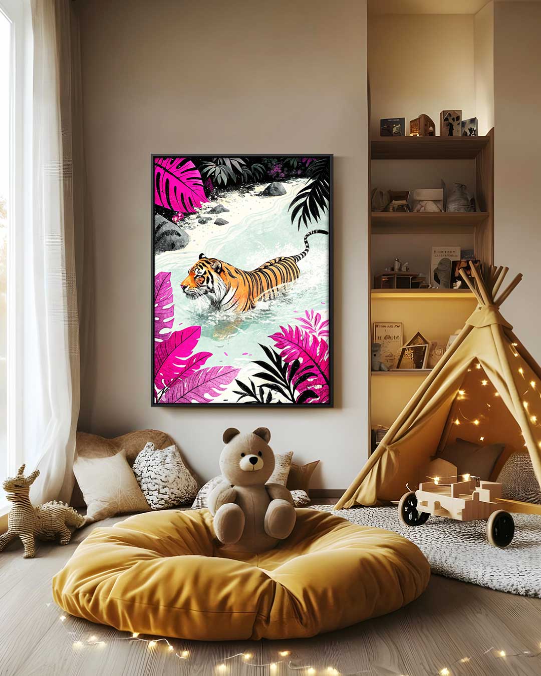 Tijger in Kleurrijke Jungle Kunstwerk-canvas-dibond-plexiglas-wanddecoratie-WallArtistic