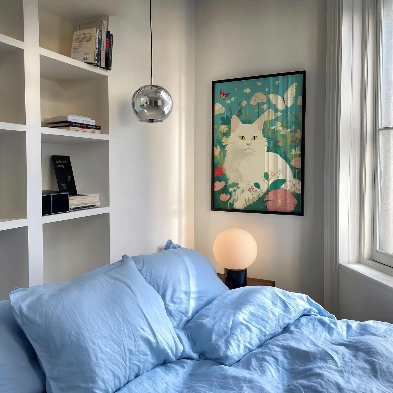 Vrolijke Kat in Bloementuin Poster