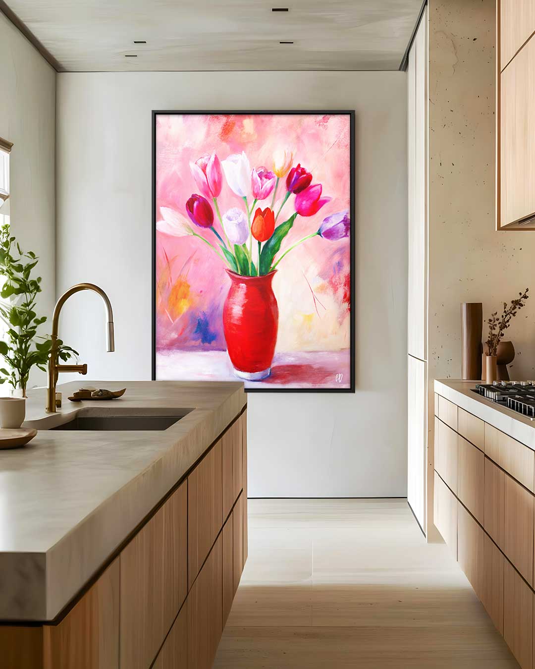 Kleurrijke Tulpen in Rode Vaas Kunstwerk-canvas-dibond-plexiglas-wanddecoratie-WallArtistic