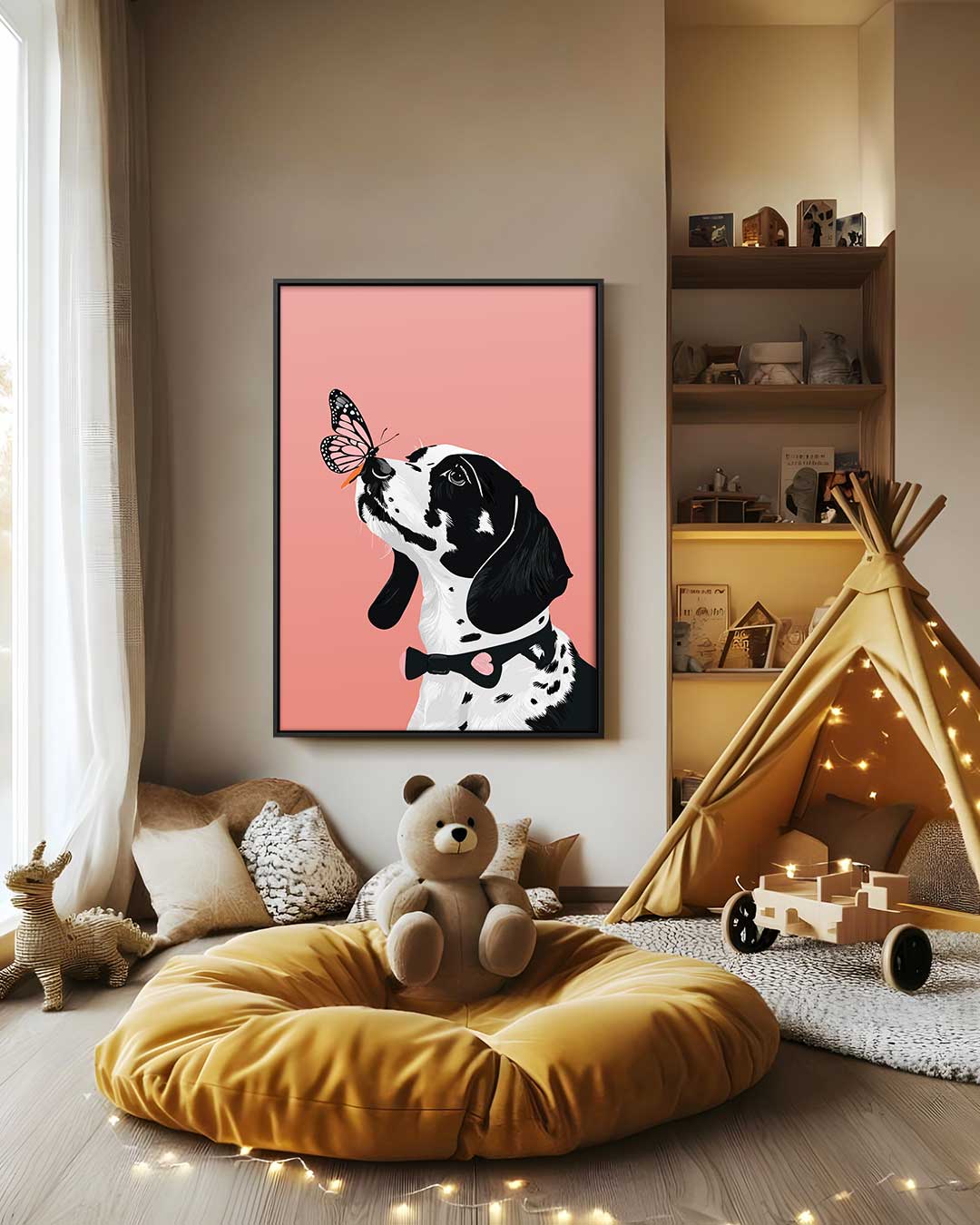 Hond en Vlinder Ontmoeting Kunstwerk-canvas-dibond-plexiglas-wanddecoratie-WallArtistic