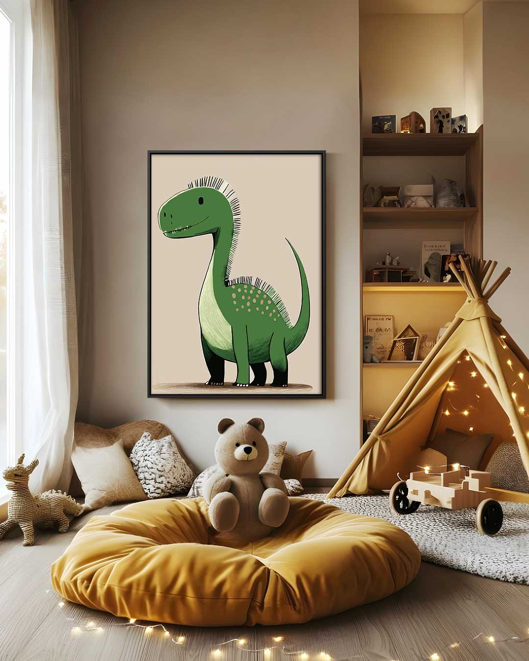 Vriendelijke Dino Illustratie Kunstwerk-canvas-dibond-plexiglas-wanddecoratie-WallArtistic