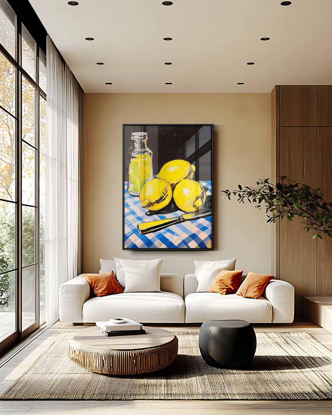 Citroenen op Geruite Tafel Kunstwerk-canvas-dibond-plexiglas-wanddecoratie-WallArtistic