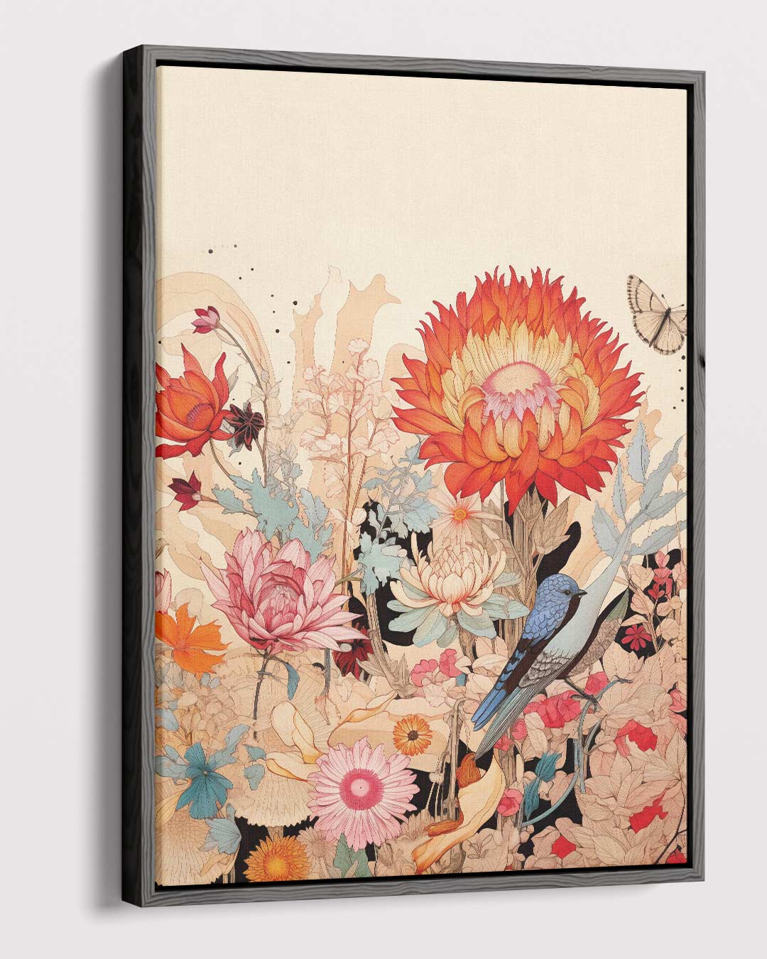 Vrolijke Bloemnatuur met Blauwe Vogel Kunstwerk-canvas-dibond-plexiglas-wanddecoratie-WallArtistic