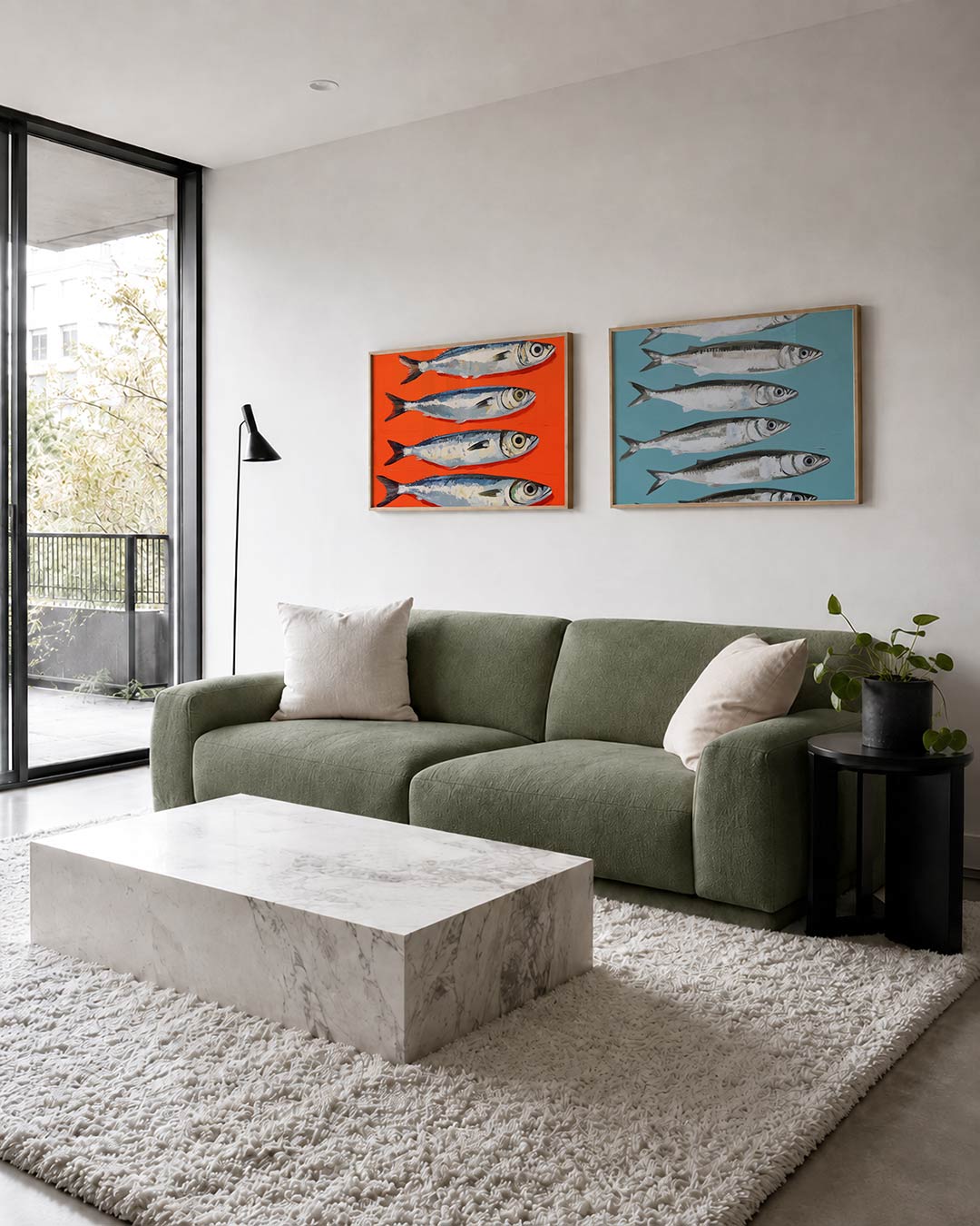 Tweedelige posterset met vier vissen in blauw- en grijstinten op een oranje achtergrond, getoond in een interieur