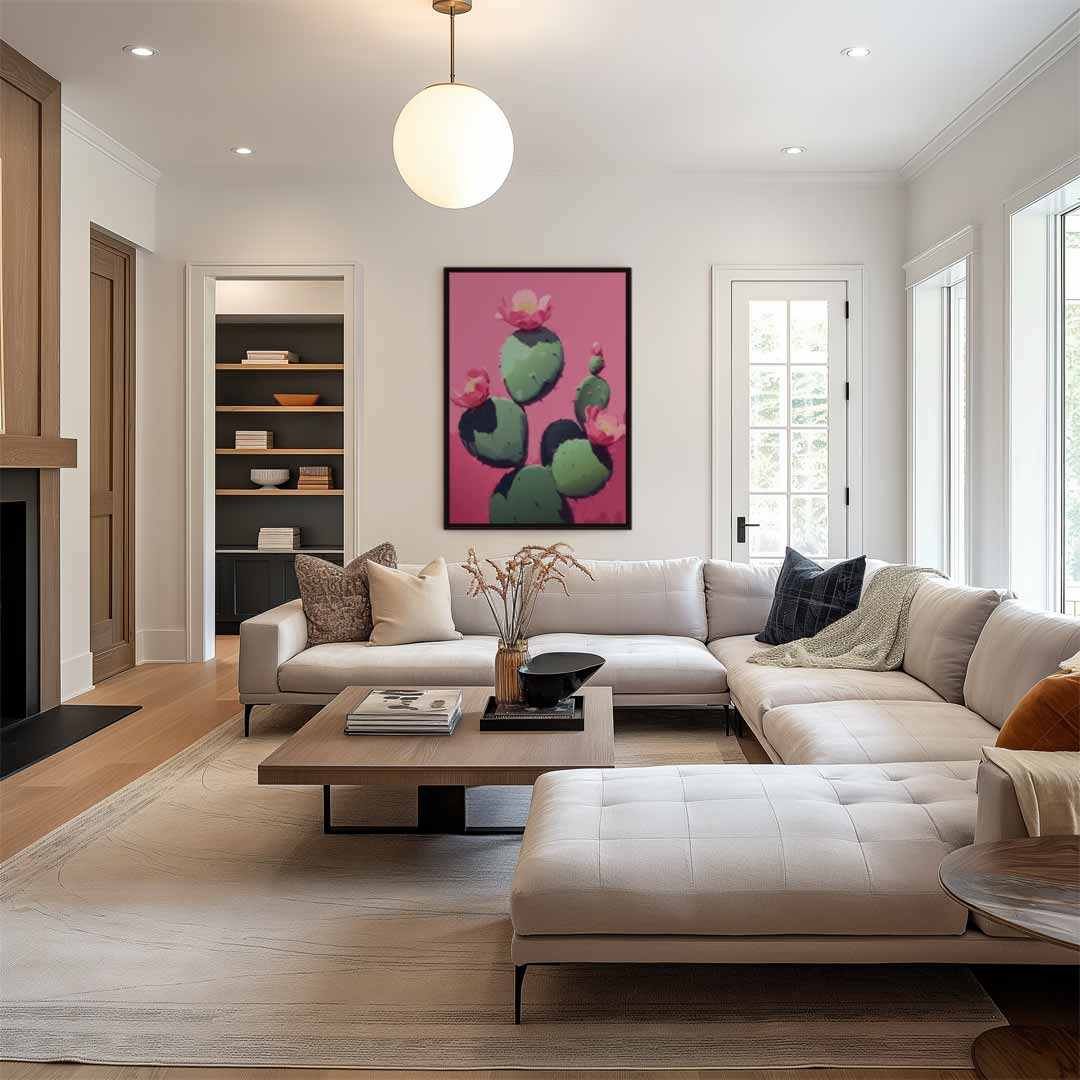 Cactus Bloei op Roze Achtergrond Kunstwerk-canvas-dibond-plexiglas-wanddecoratie-WallArtistic