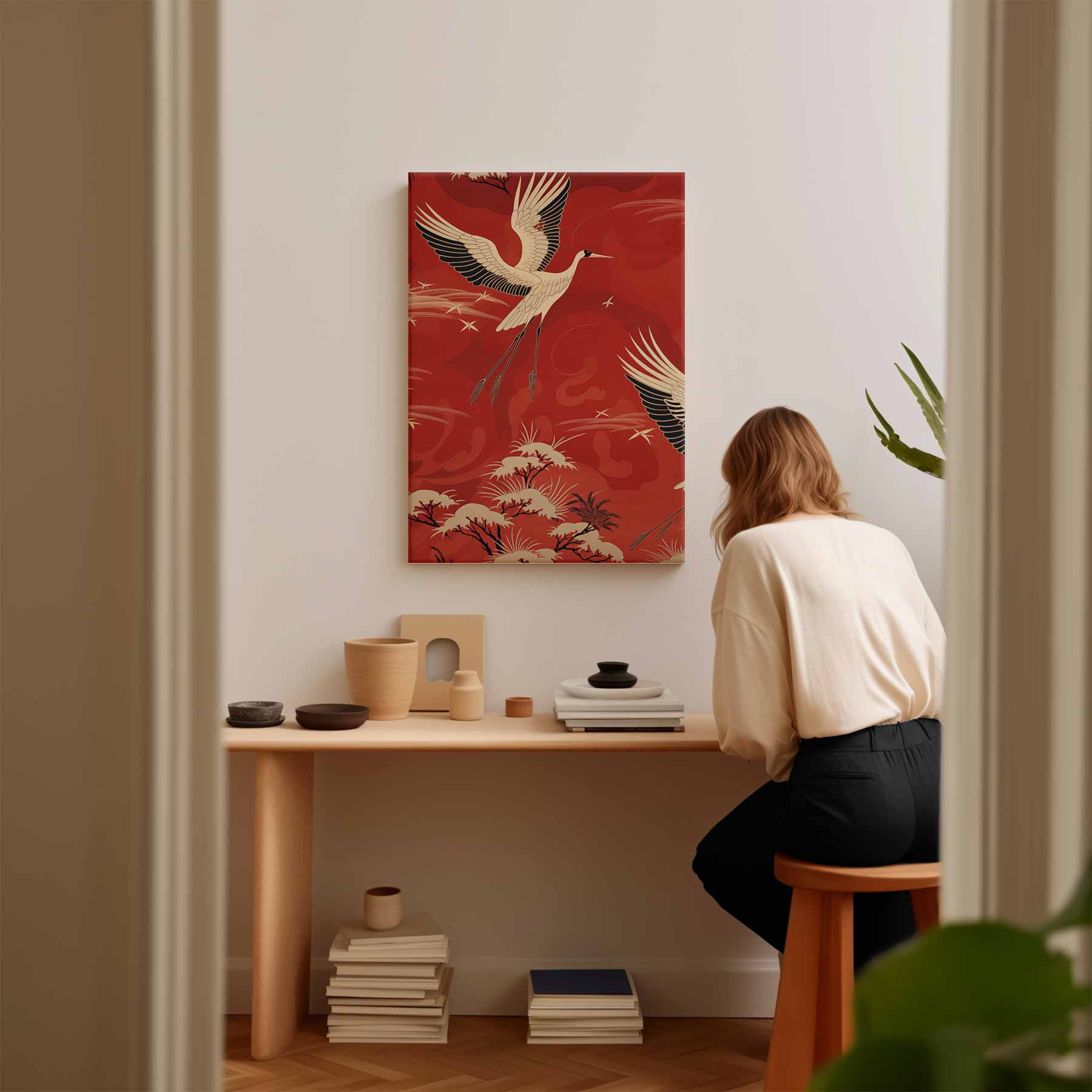 Vliegende Kraanvogels in het Rood Kunstwerk-canvas-dibond-plexiglas-wanddecoratie-WallArtistic