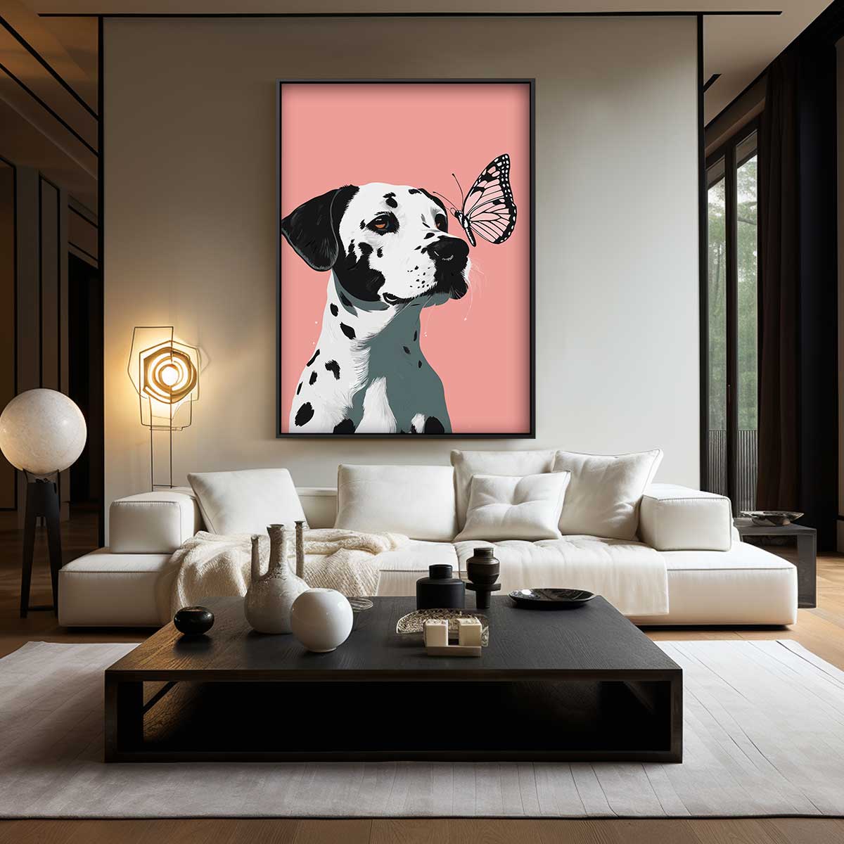Dalmatier en Vlinder Vriendschap Kunstwerk-canvas-dibond-plexiglas-wanddecoratie-WallArtistic