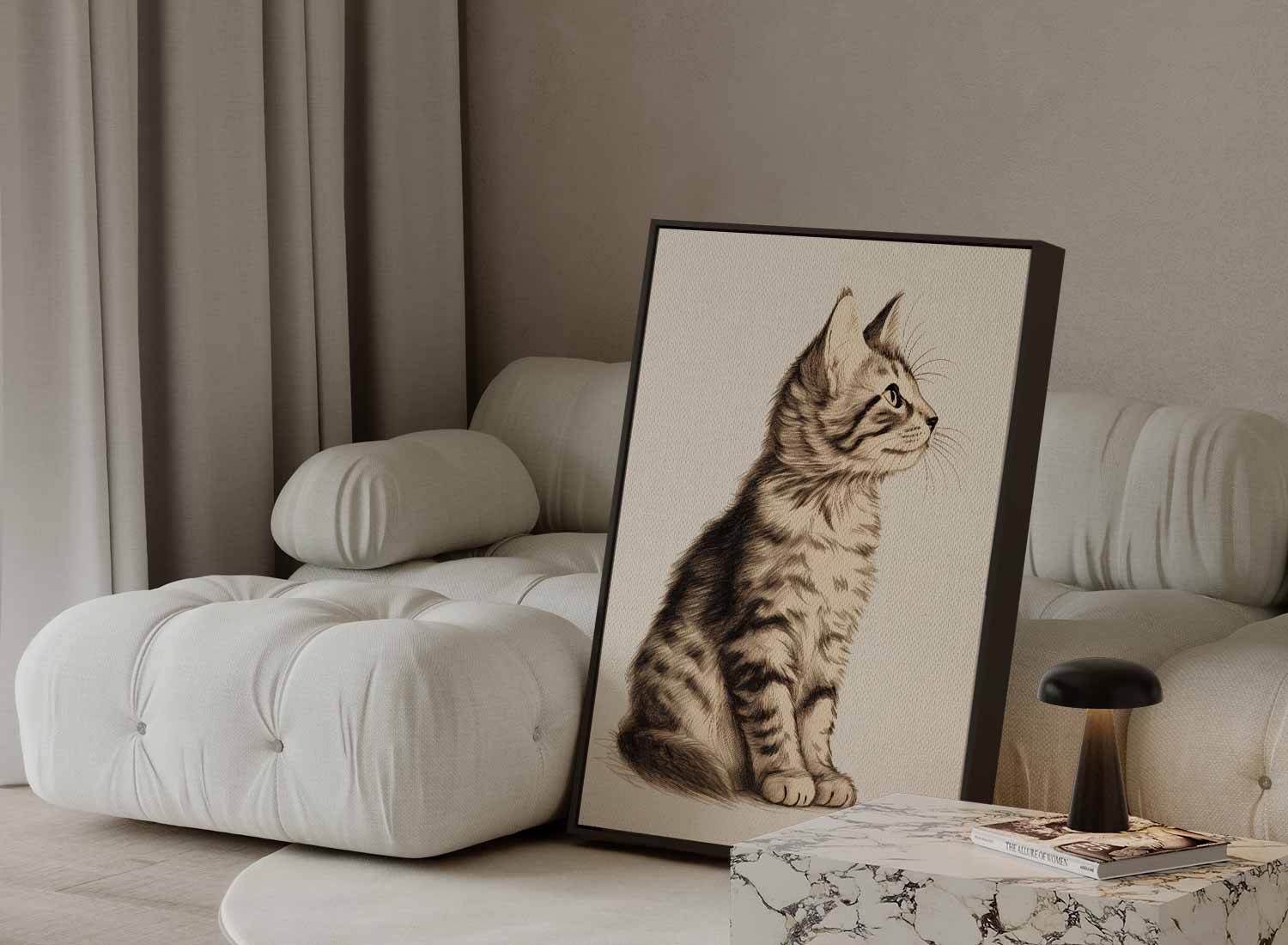 Dromerige Kat in Potlood Kunstwerk-canvas-dibond-plexiglas-wanddecoratie-WallArtistic