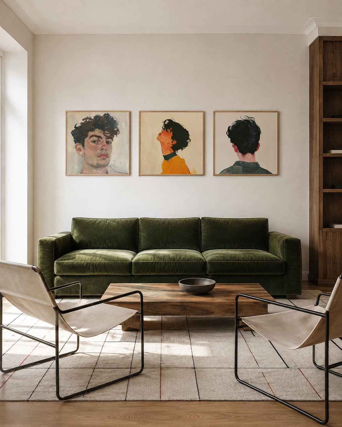 Interieurpresentatie van een driedelige vierkante posterset met geschilderde portretten