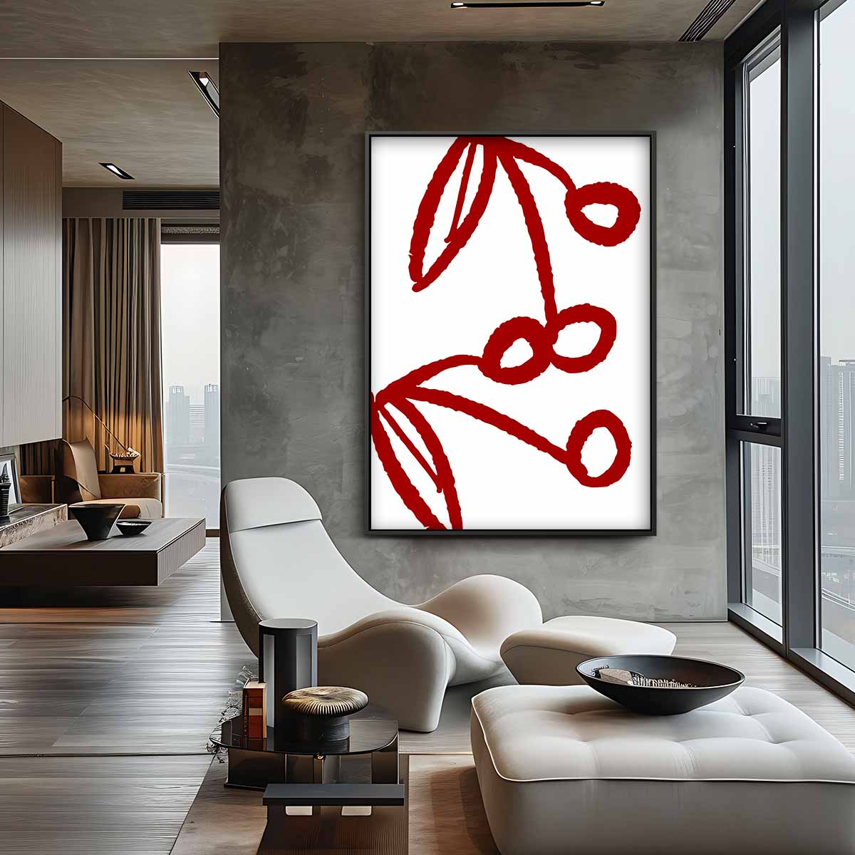 Speelse Kersenlijntekening Kunstwerk-canvas-dibond-plexiglas-wanddecoratie-WallArtistic