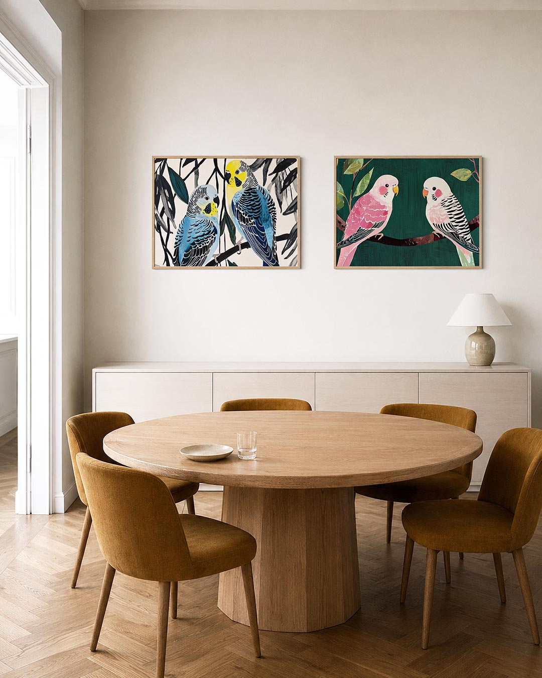 Interieurpresentatie van twee posters met twee kleurrijke vogels met blauwe en gele tinten op een tak