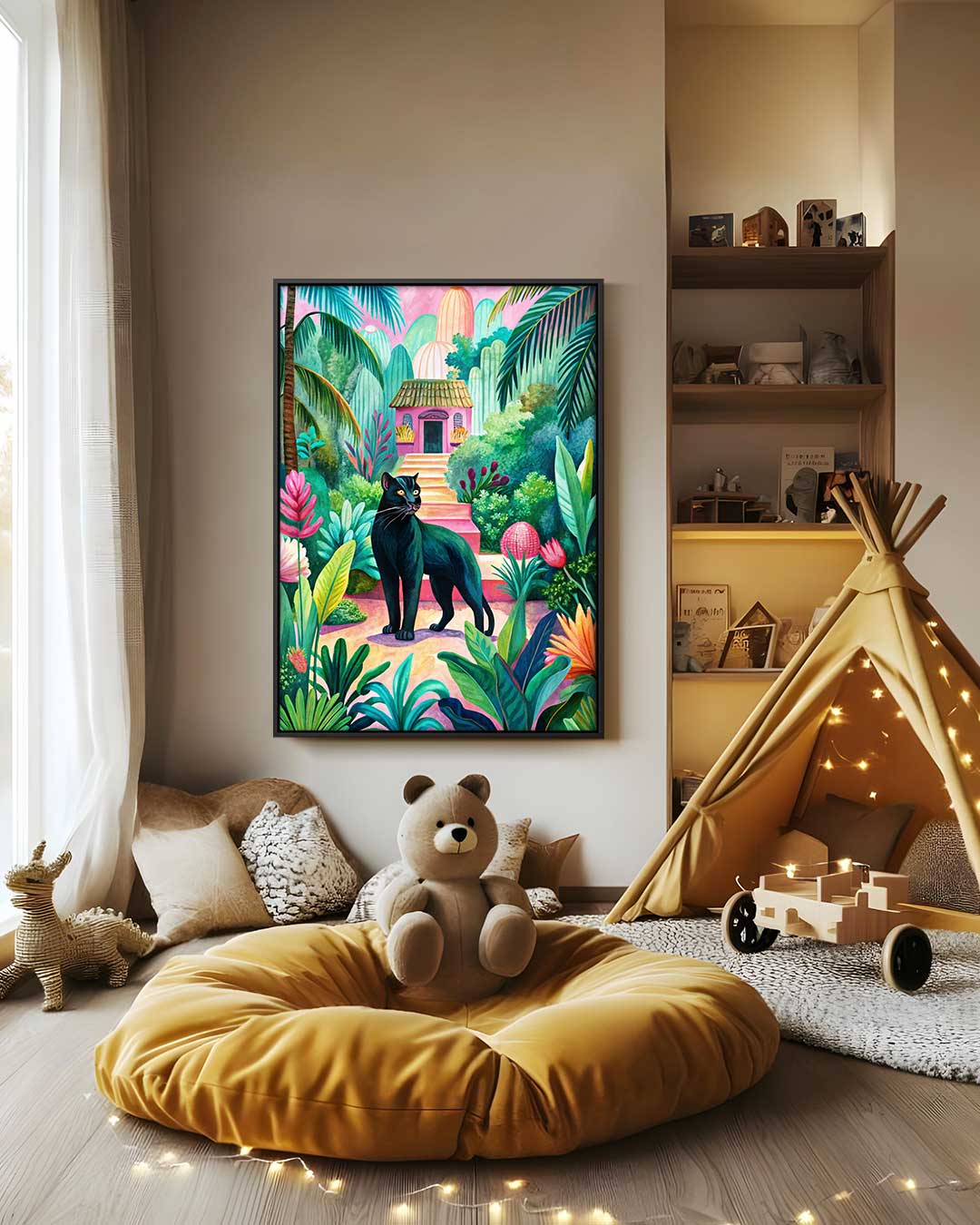 Tropische Paradijstuin met Zwarte Panter Kunstwerk-canvas-dibond-plexiglas-wanddecoratie-WallArtistic