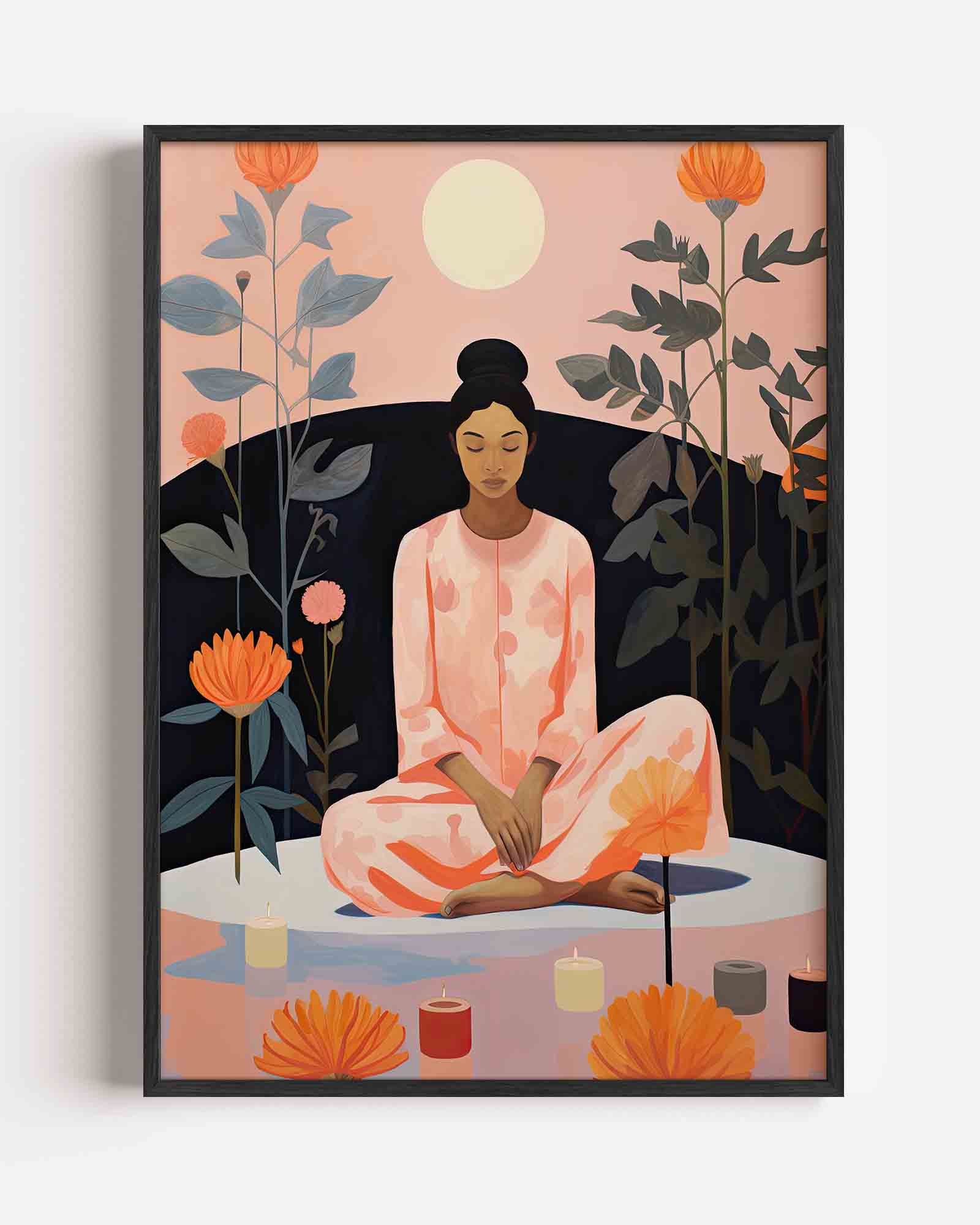 Mediterende vrouw met bloemen Poster