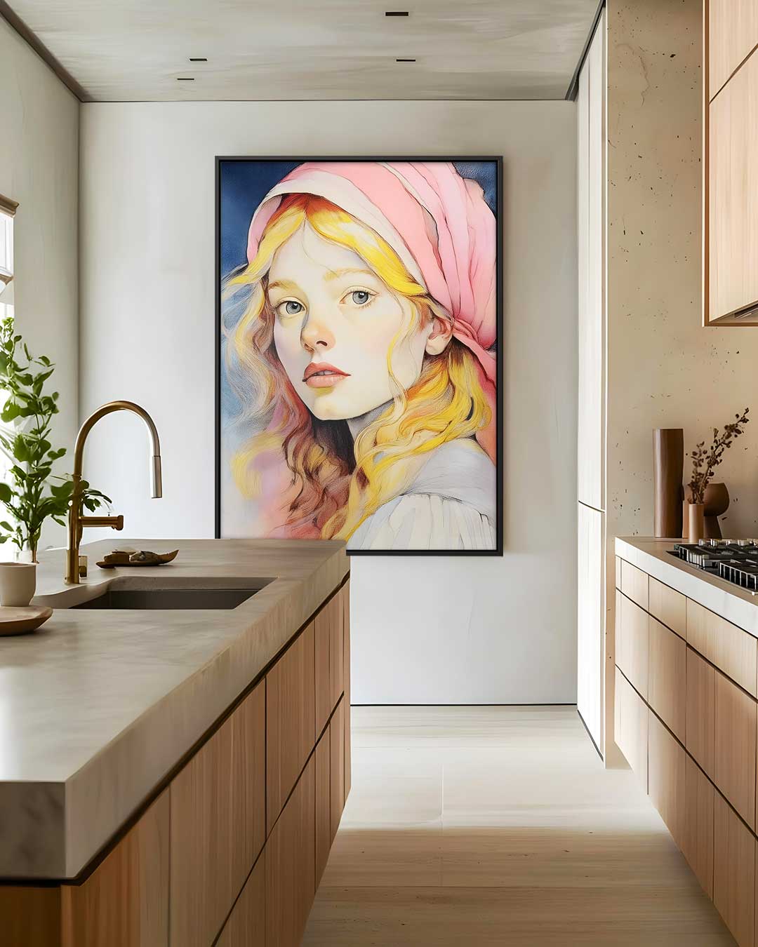 Dromerige Meisje met Roze Hoofddoek Kunstwerk-canvas-dibond-plexiglas-wanddecoratie-WallArtistic