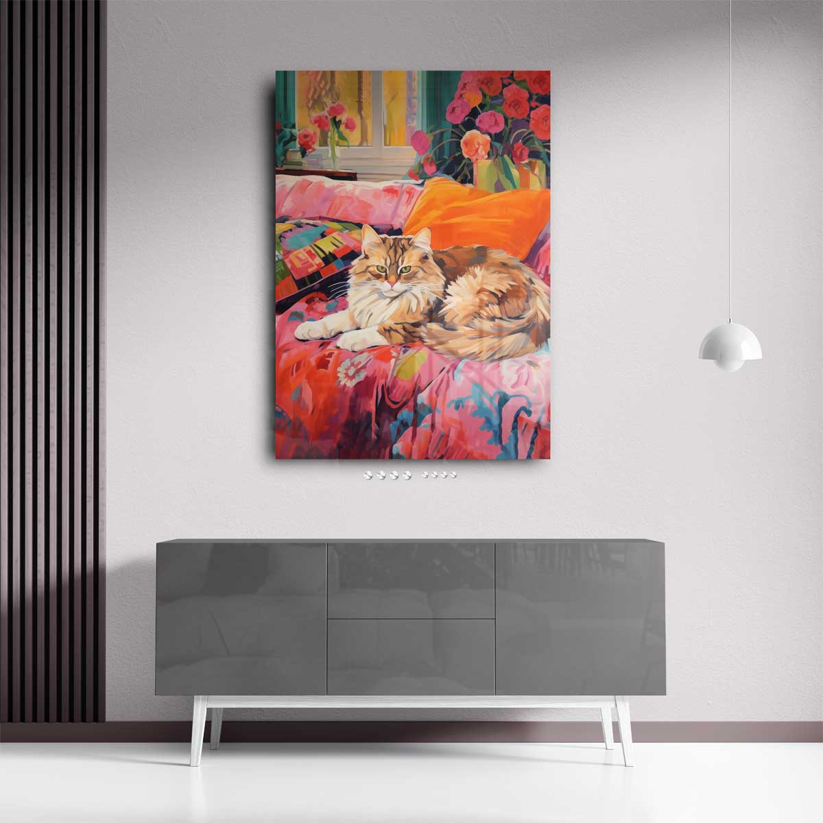Kat op Bloemenbank Kunstwerk-canvas-dibond-plexiglas-wanddecoratie-WallArtistic