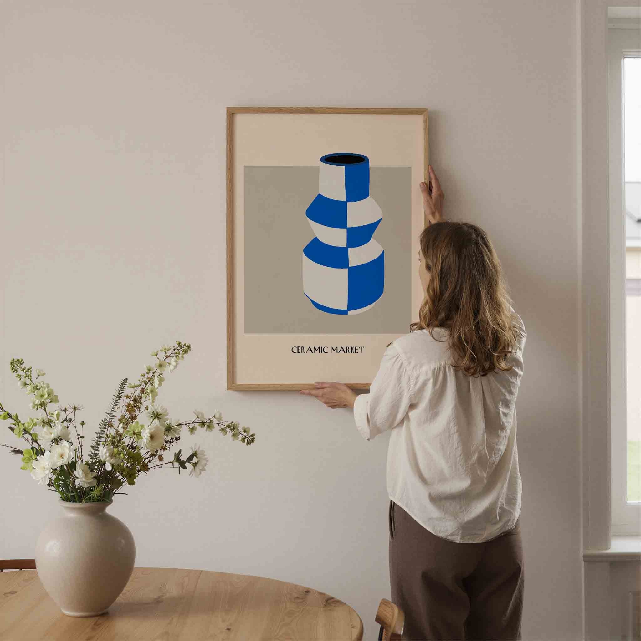 Blauw witte vaas Poster