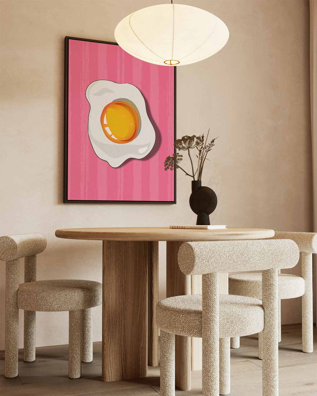 Vrolijk Gebakken Ei op Roze Achtergrond Kunstwerk-canvas-dibond-plexiglas-wanddecoratie-WallArtistic