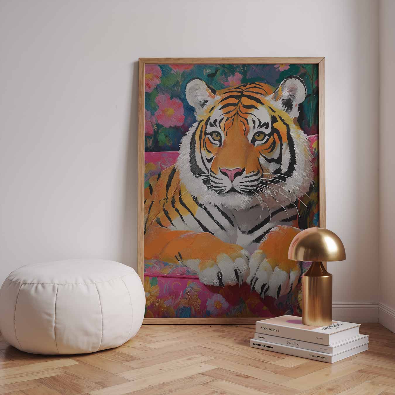 Kleurrijke Tijger op Bloemenbank Poster-WallArtistic