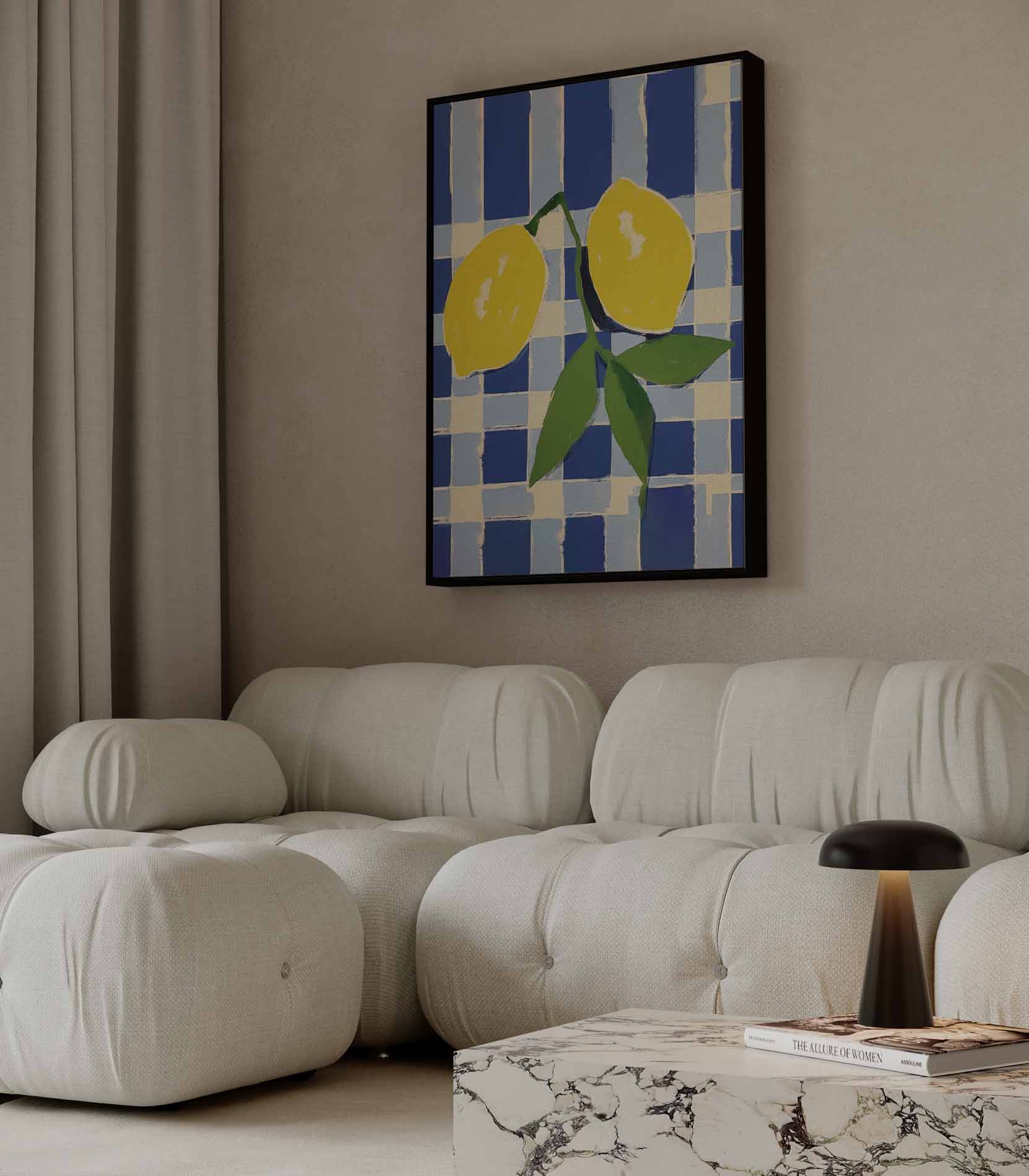 Zonnige Citroenen op Blauwe Schachtdoeken Kunstwerk-canvas-dibond-plexiglas-wanddecoratie-WallArtistic