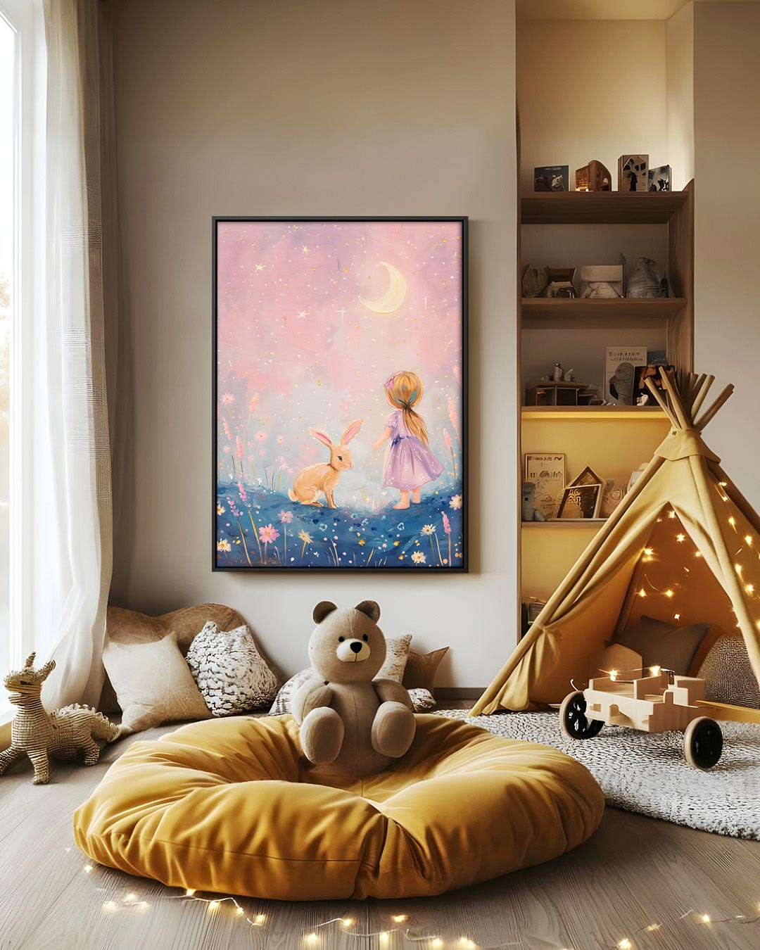 Dromerig kind en konijn Kunstwerk