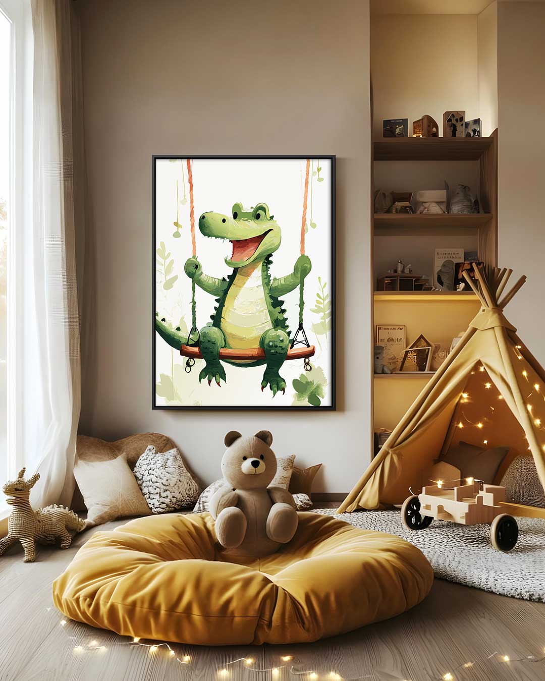 Vrolijke Krokodil op de Schommel Kunstwerk-canvas-dibond-plexiglas-wanddecoratie-WallArtistic