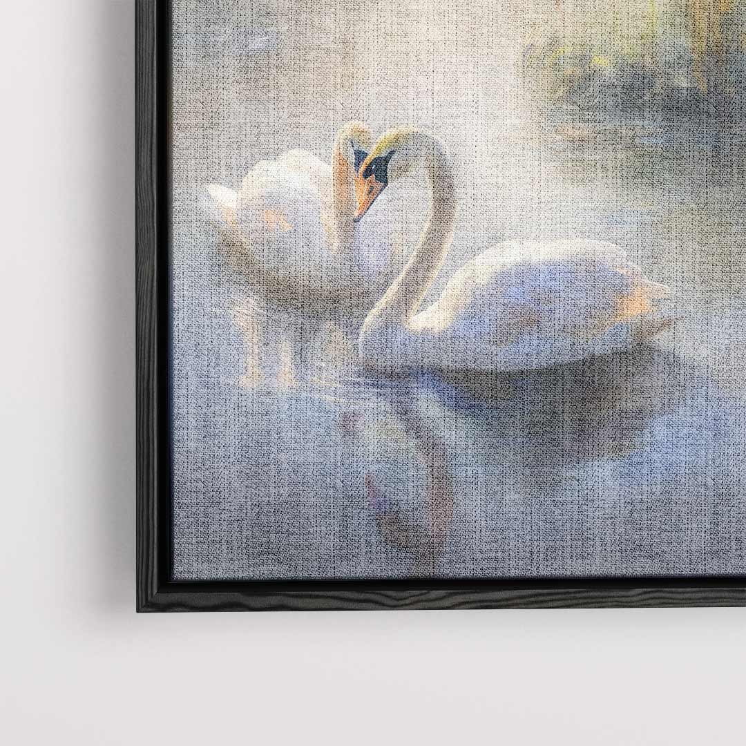 Romantisch Zwanenpaar in Mystieke Ochtendmist Kunstwerk-canvas-dibond-plexiglas-wanddecoratie-WallArtistic