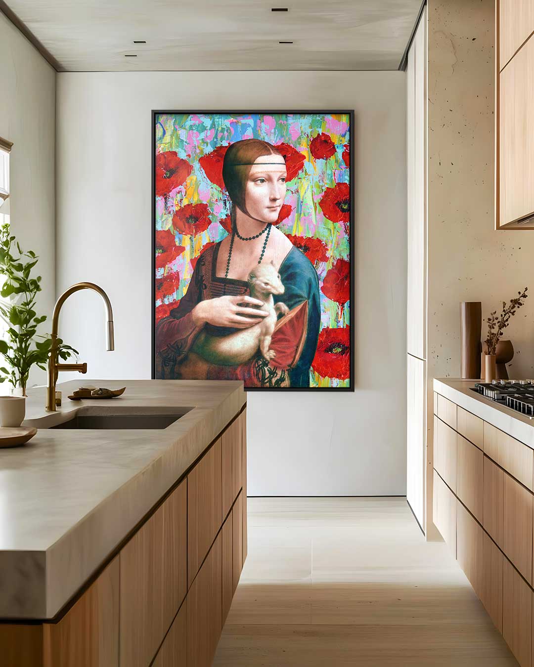 Vrouw met Wezel en Rode Bloemen Kunstwerk-canvas-dibond-plexiglas-wanddecoratie-WallArtistic