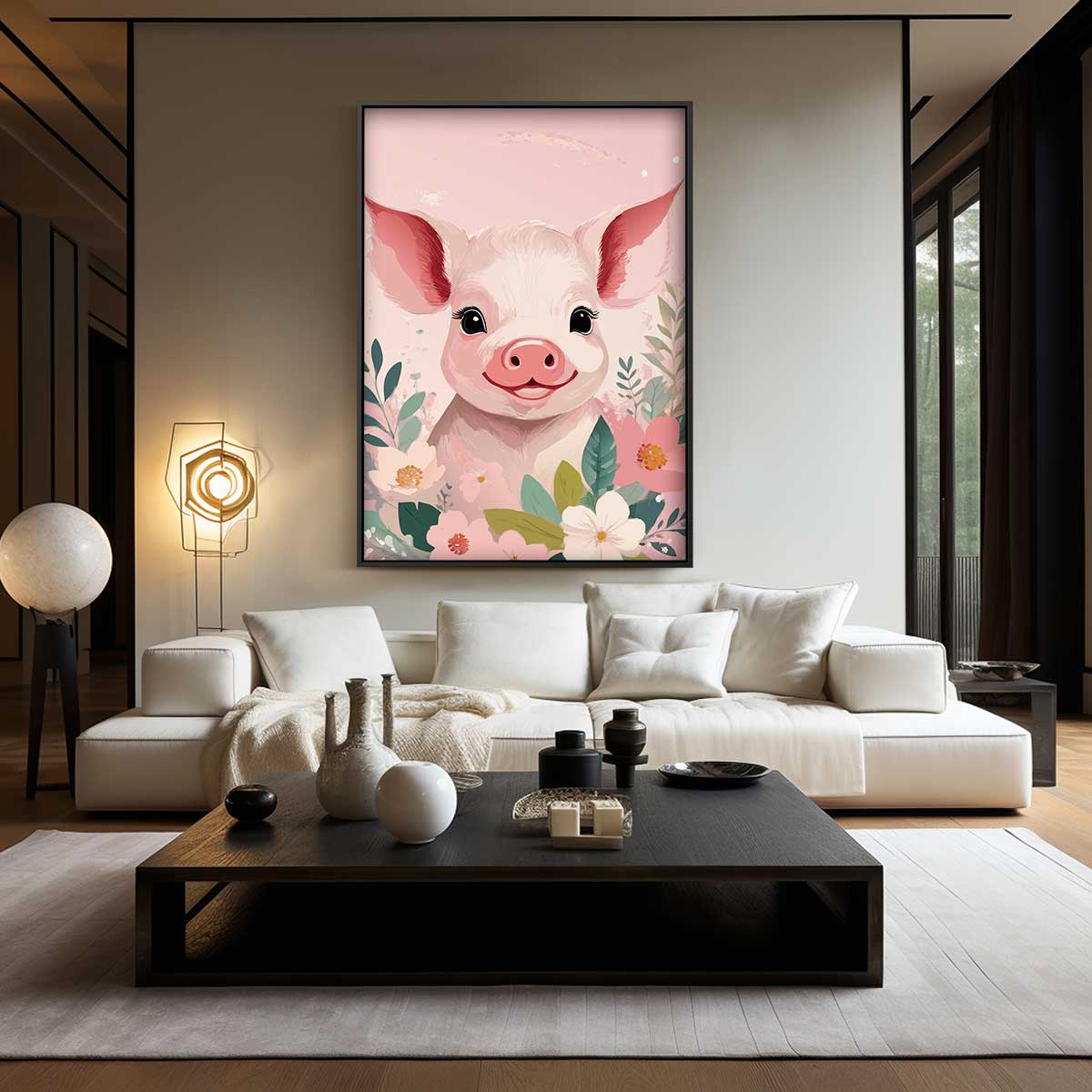 Vrolijk Varkentje met Bloemen Kunstwerk-canvas-dibond-plexiglas-wanddecoratie-WallArtistic