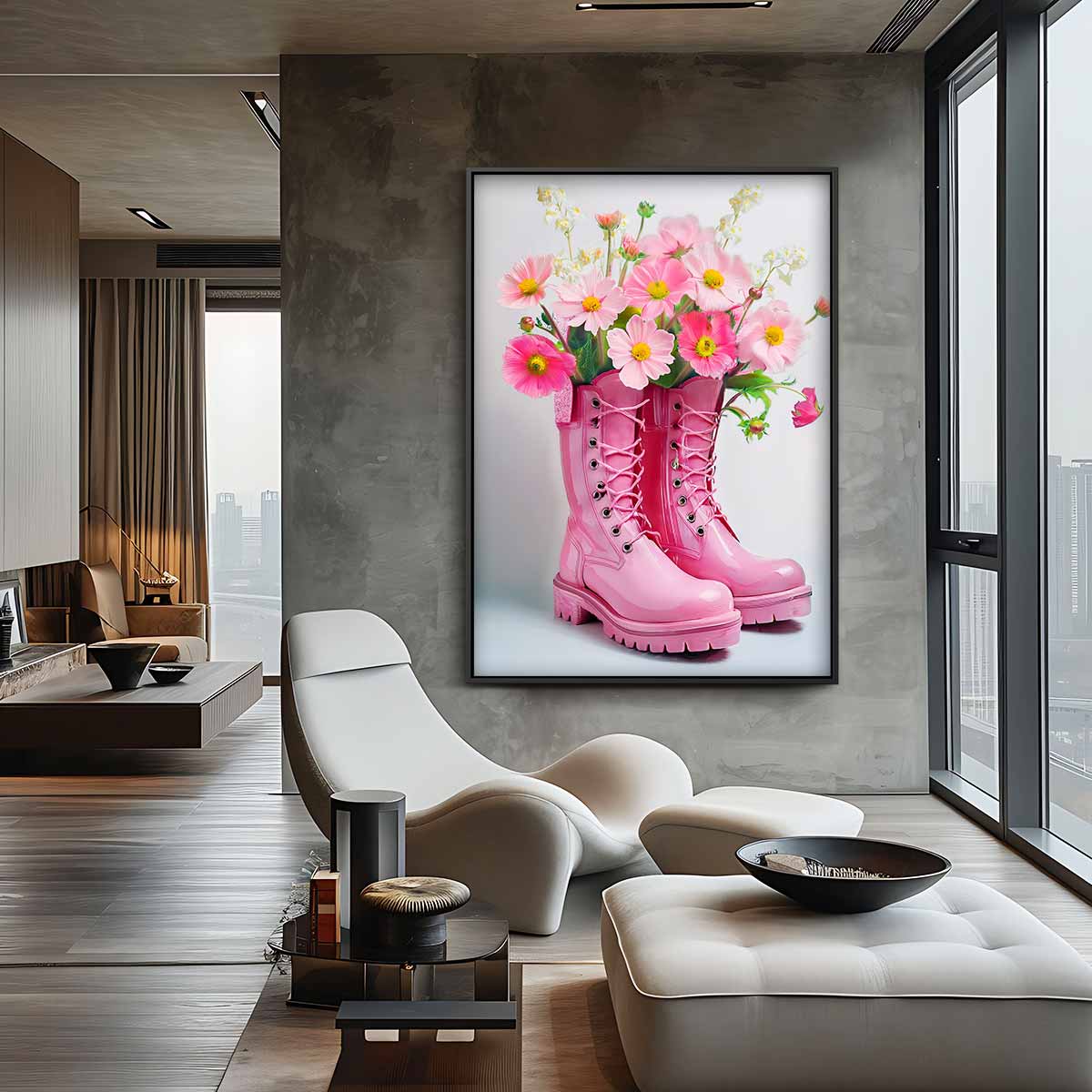 Bloemenfestijn in Roze Laarzen Kunstwerk-canvas-dibond-plexiglas-wanddecoratie-WallArtistic