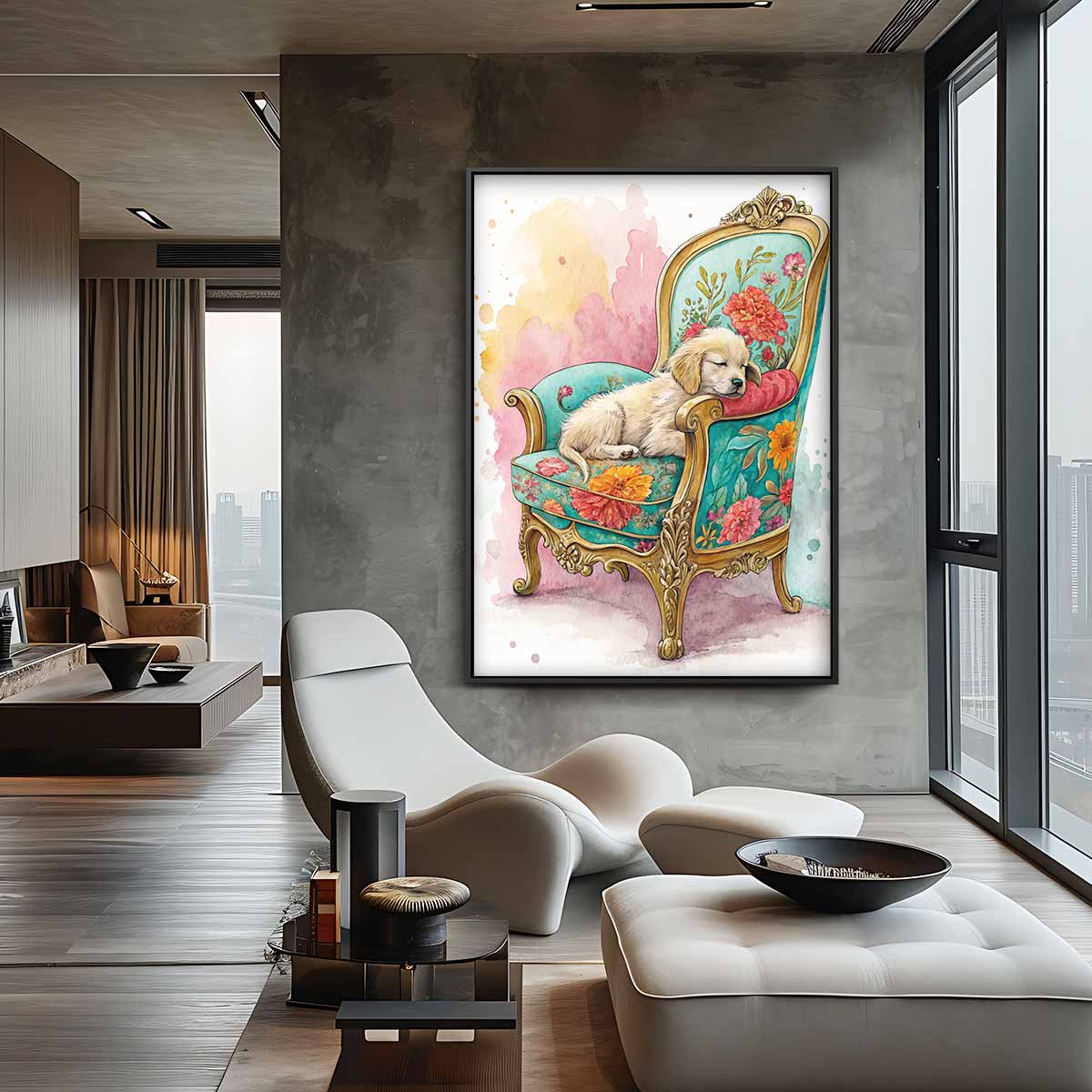 Dromerig Hondje op Bloemenstoel Kunstwerk-canvas-dibond-plexiglas-wanddecoratie-WallArtistic