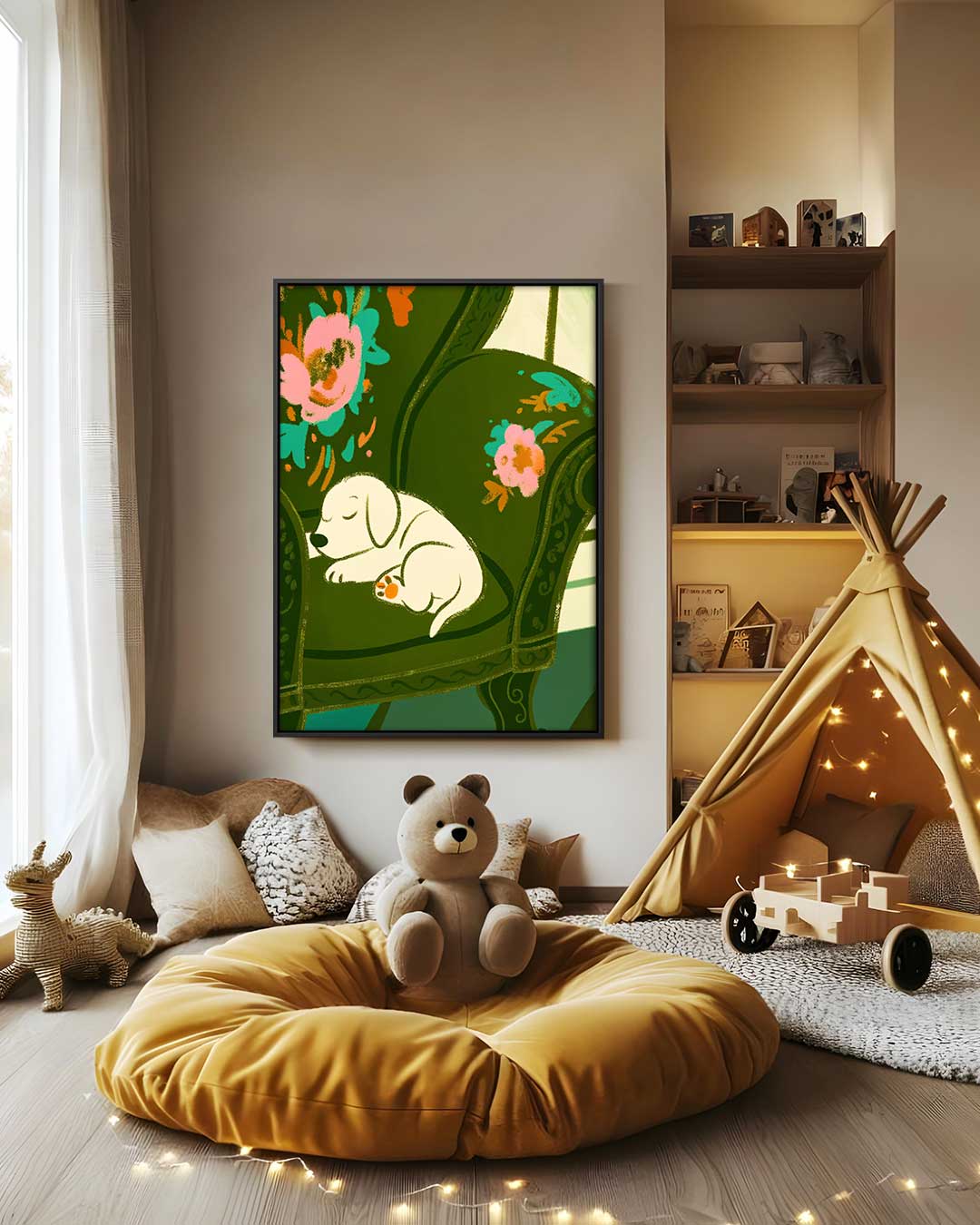 Slaapende Pup op Gebloemde Stoel Kunstwerk-canvas-dibond-plexiglas-wanddecoratie-WallArtistic