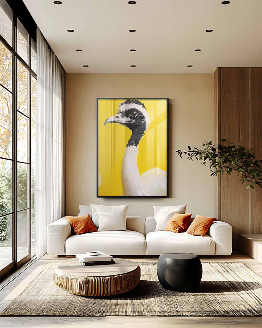 Majestueuze Vogel op Geel Kunstwerk-canvas-dibond-plexiglas-wanddecoratie-WallArtistic
