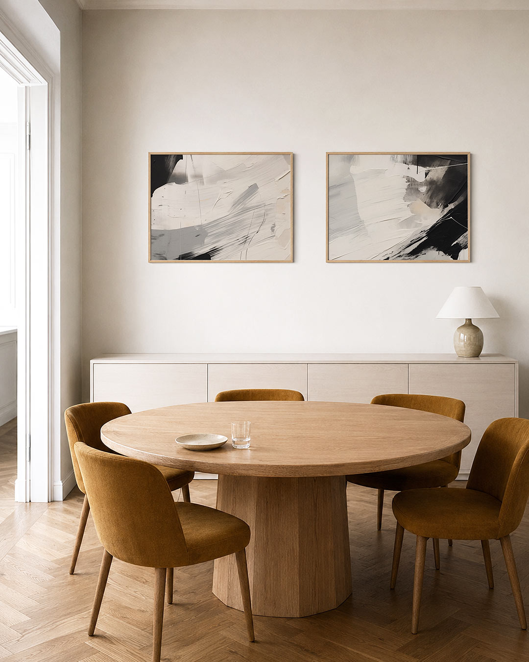 Tweedelige posterset met vloeiende witte en grijze kleurvlakken, getoond in een interieur
