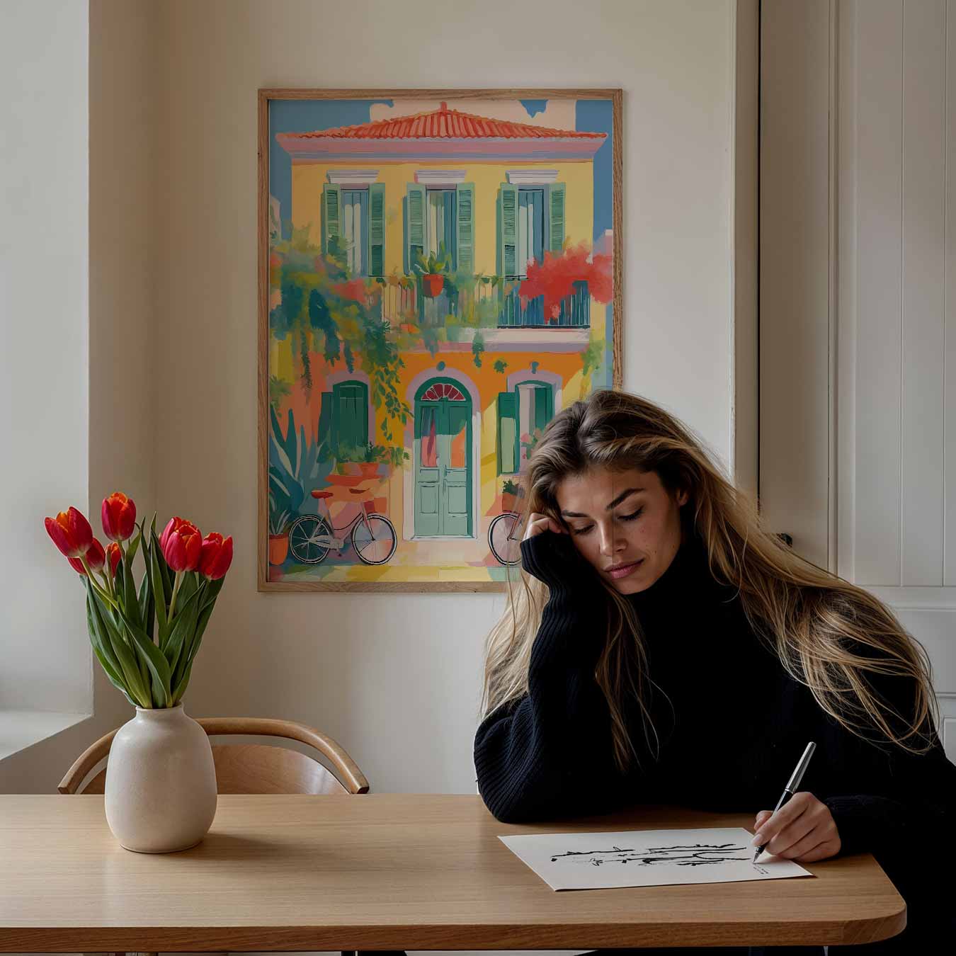 Zonnige Stadsgevel met Kleurrijke Fietsen Poster-WallArtistic