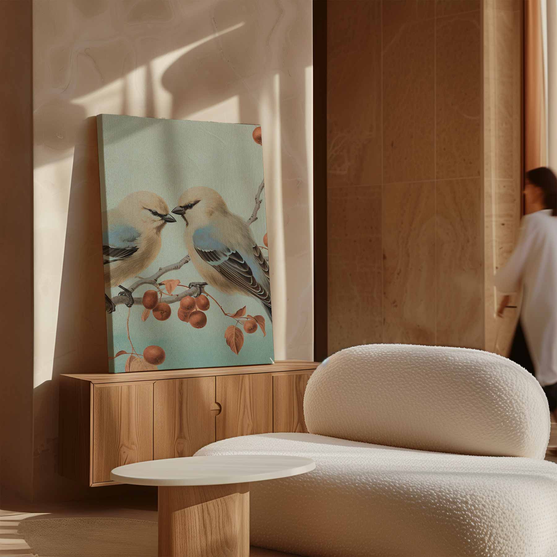 Twee Vogels op een Tak Kunstwerk-canvas-dibond-plexiglas-wanddecoratie-WallArtistic