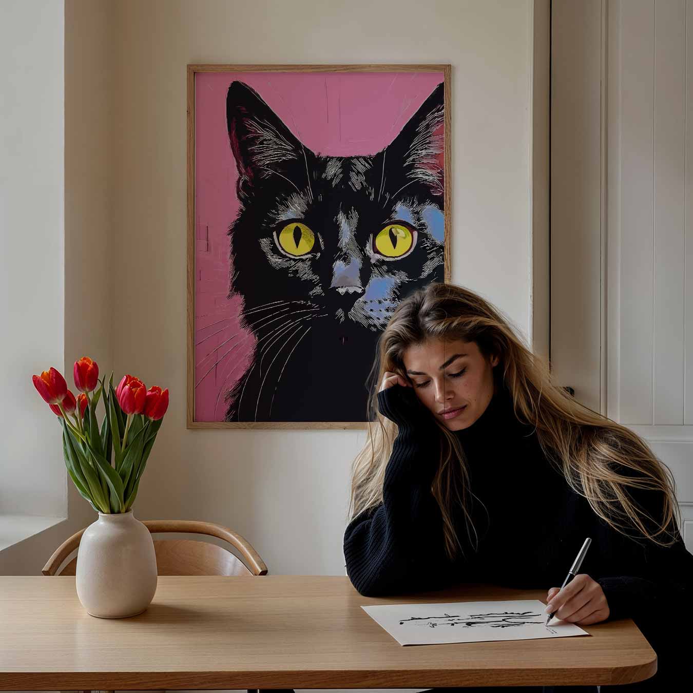 Stijlvolle Kattenposter met Roze Achtergrond Poster