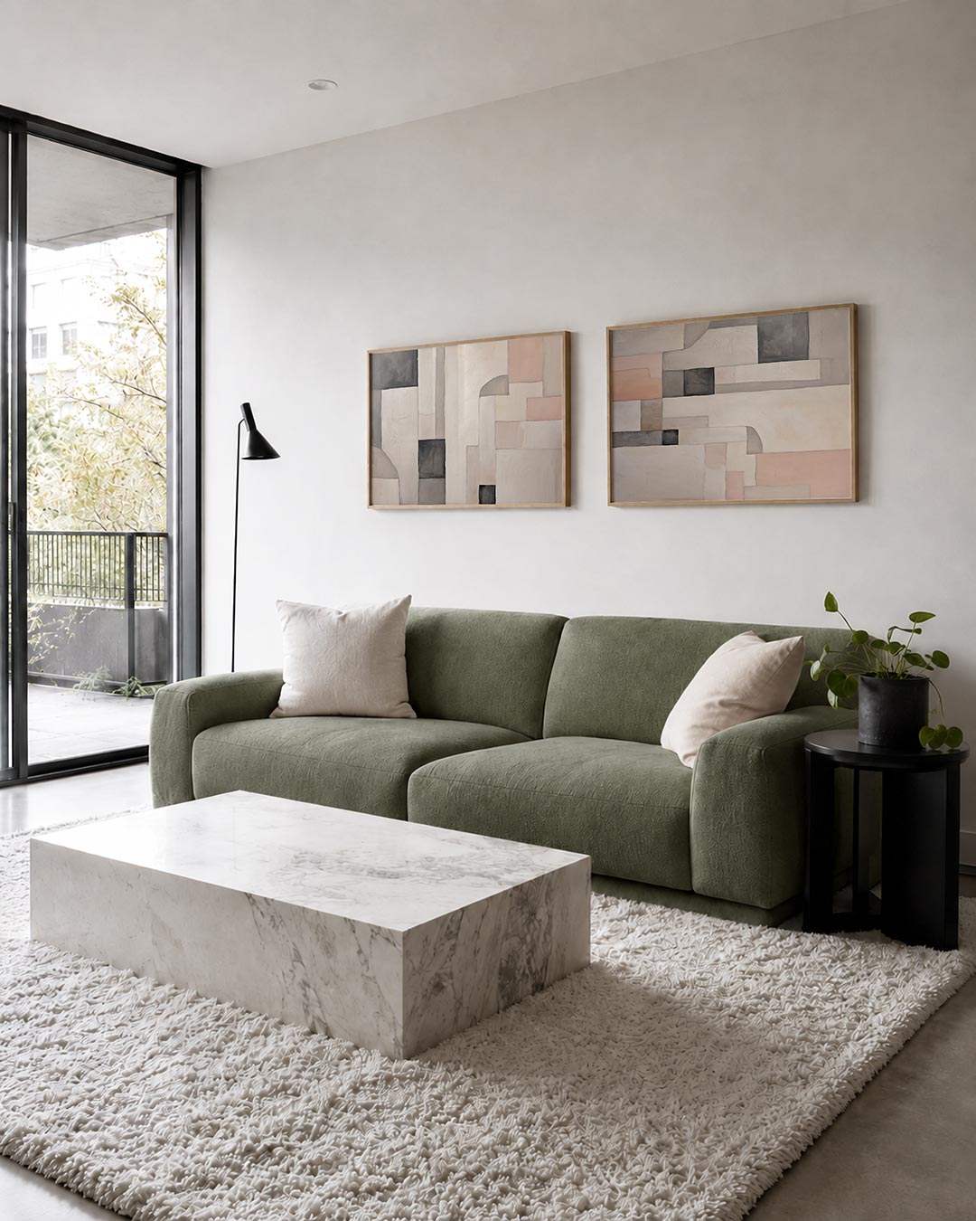 Twee liggende posters met een spel van zachte kleuren en geometrische vormen, aan de muur in een interieur