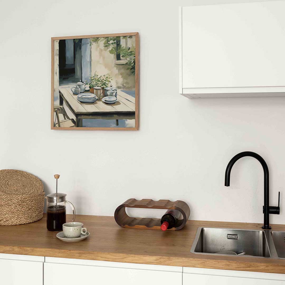 Buiten tafel met servies Poster