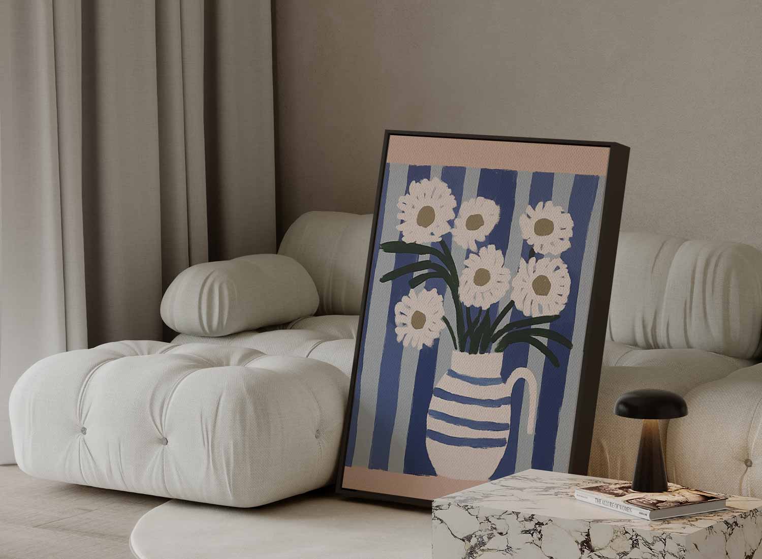 Bloemen in Blauwe Strepen Kunstwerk-canvas-dibond-plexiglas-wanddecoratie-WallArtistic