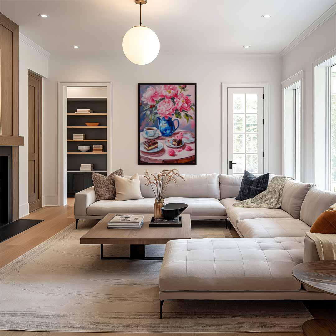 Bloemrijke koffie moment Kunstwerk-canvas-dibond-plexiglas-wanddecoratie-WallArtistic