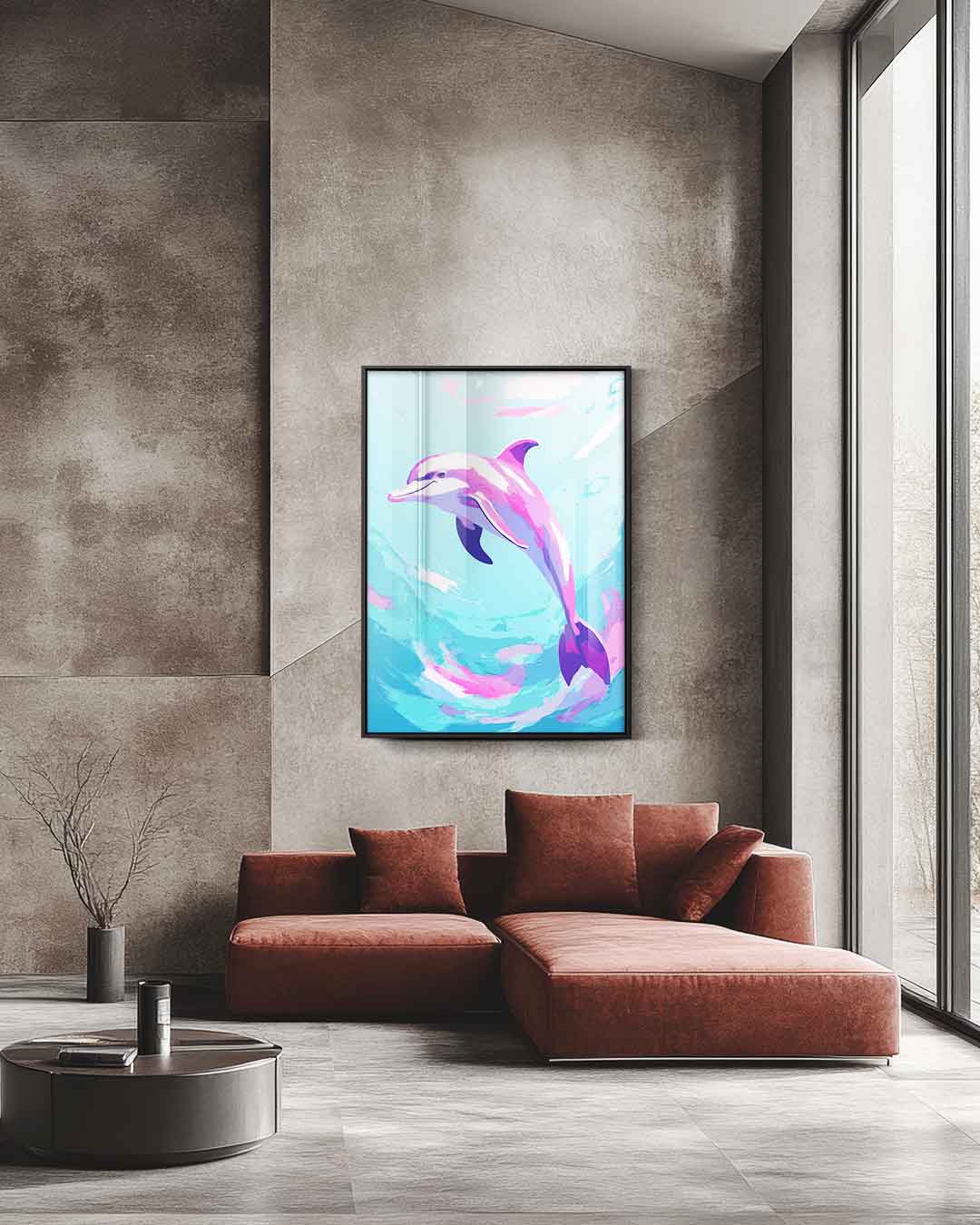 Dansende Dolfijn in Oceaan Blues Kunstwerk-canvas-dibond-plexiglas-wanddecoratie-WallArtistic