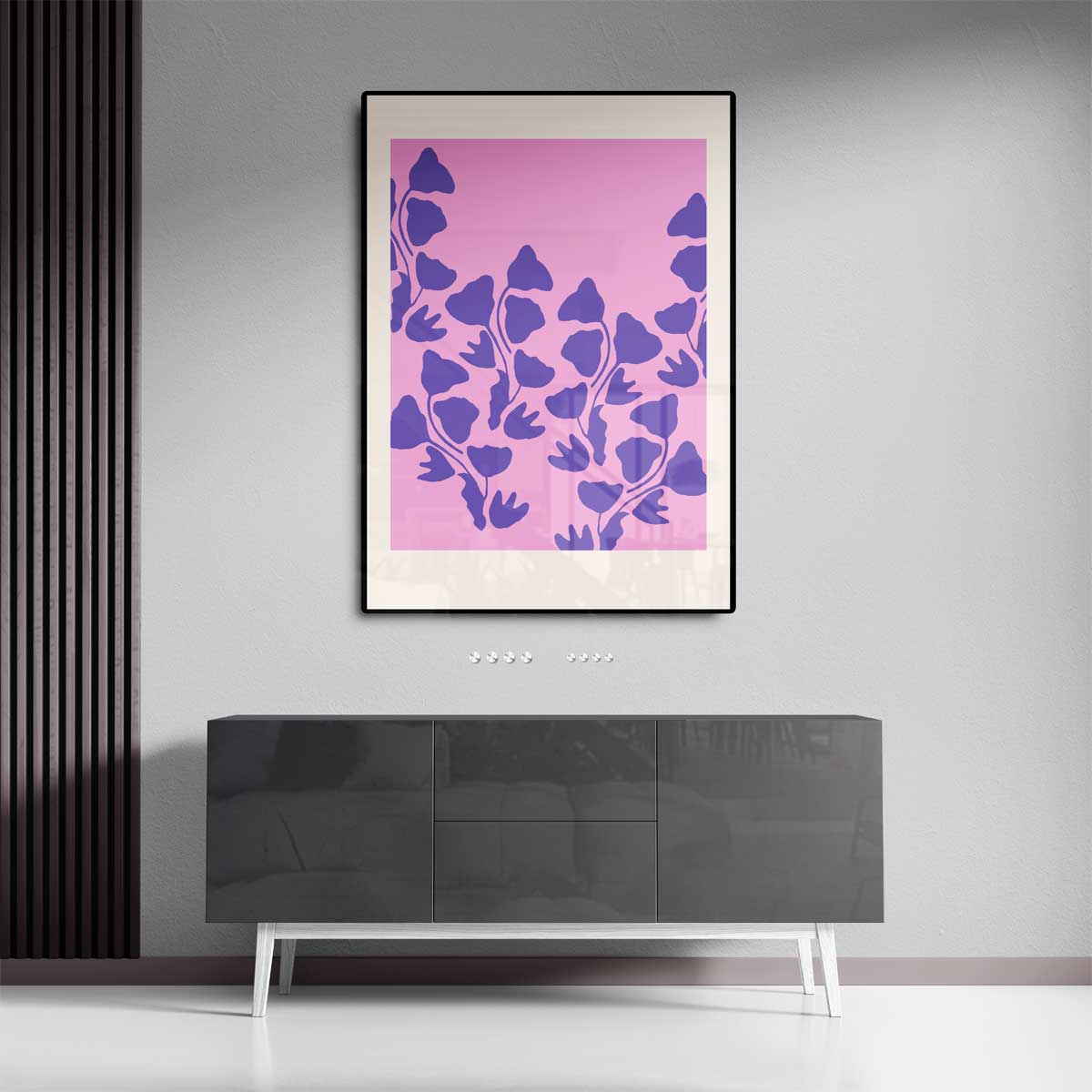 Vrolijke Paarse Bloemen op Roze Kunstwerk-canvas-dibond-plexiglas-wanddecoratie-WallArtistic