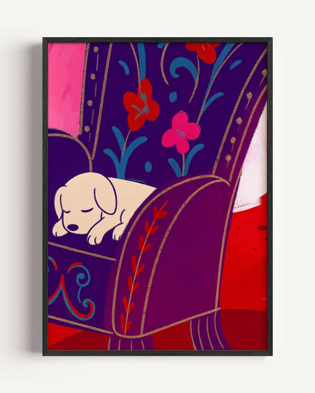 Slaaplief Hondje op Bloemenstoel Poster-WallArtistic