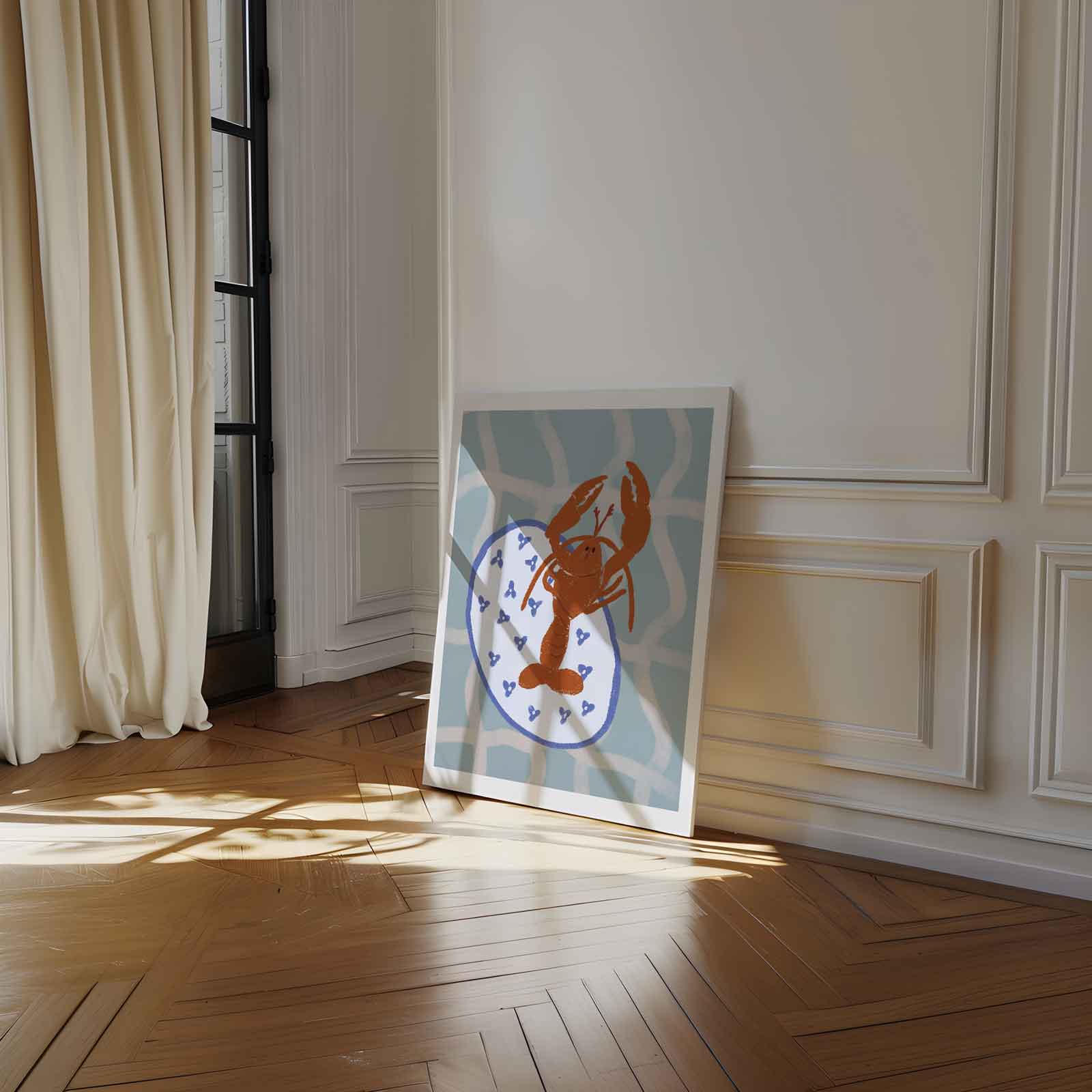 Dansende Kreeft op Servies Kunstwerk-canvas-dibond-plexiglas-wanddecoratie-WallArtistic