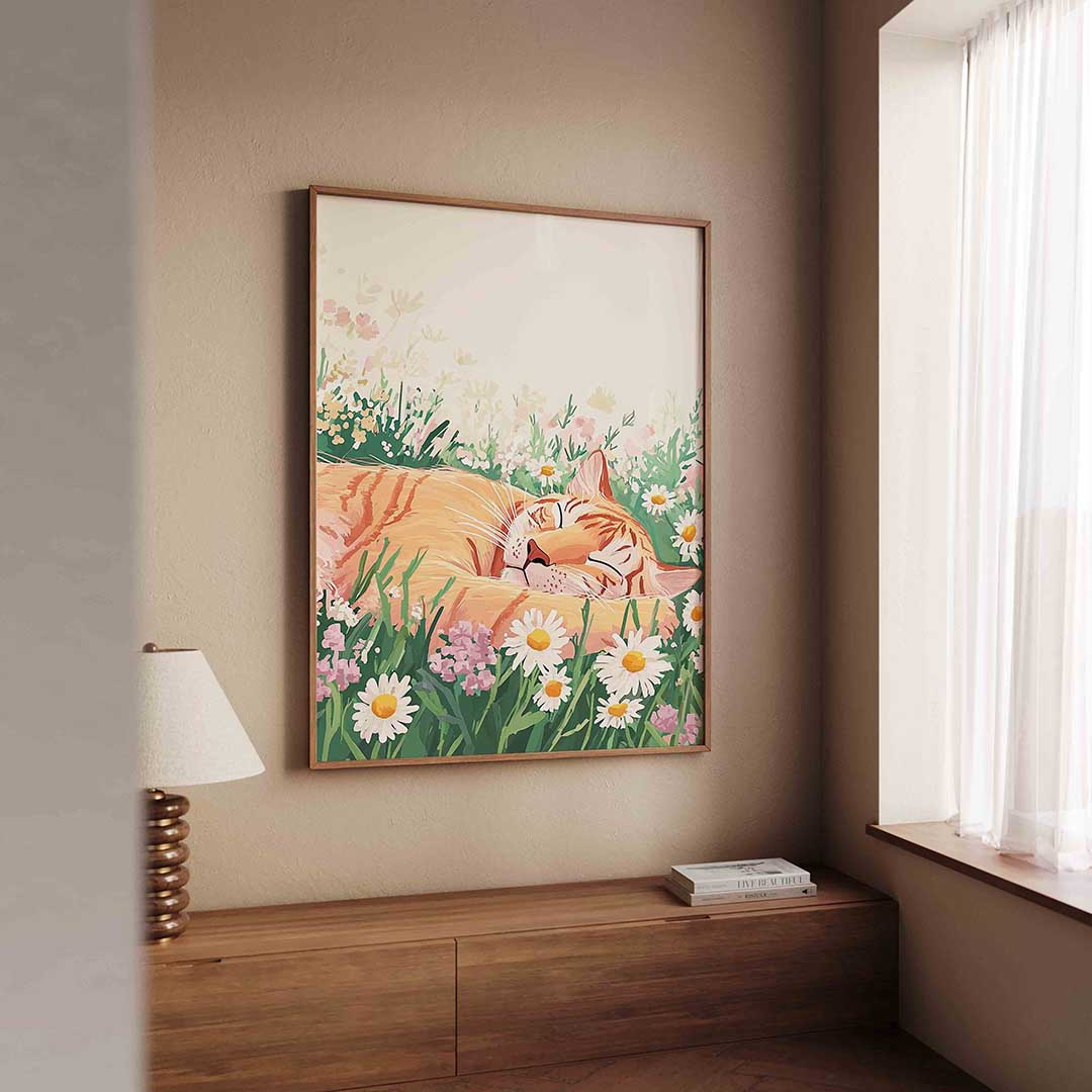 Slapende kat in bloemen Poster