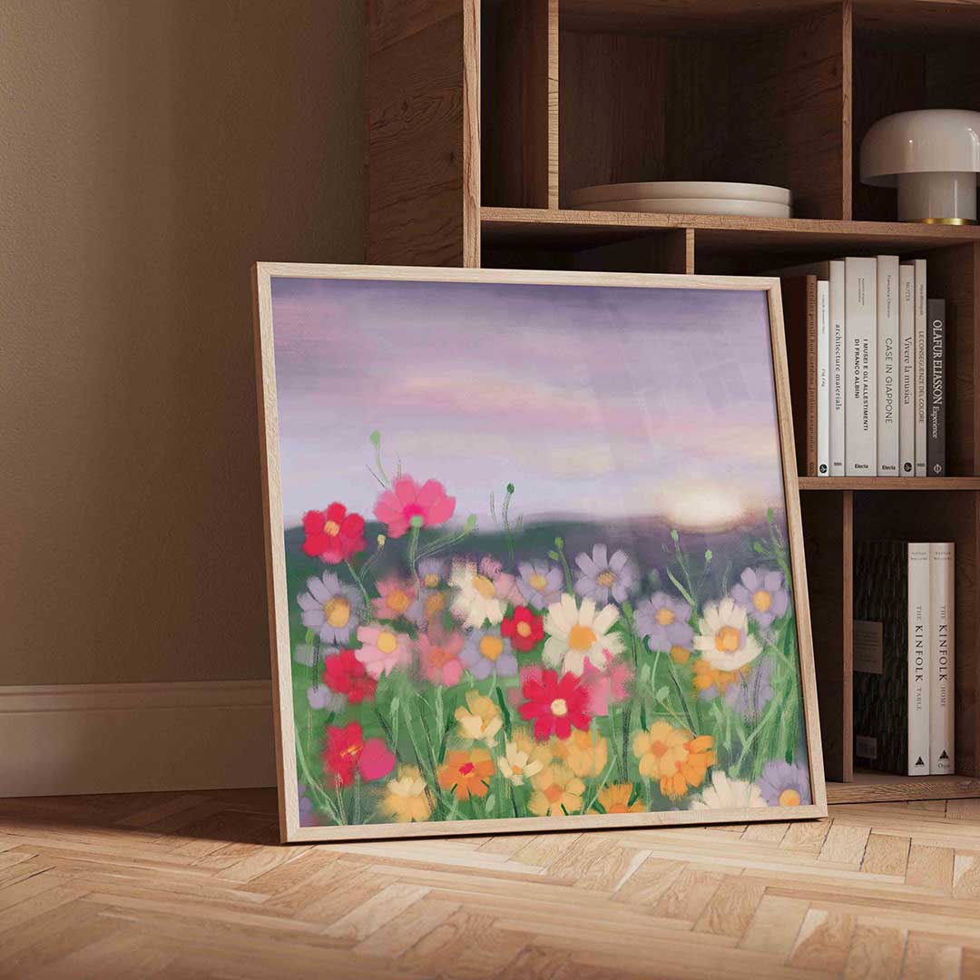 Bloemenveld bij zonsondergang Poster